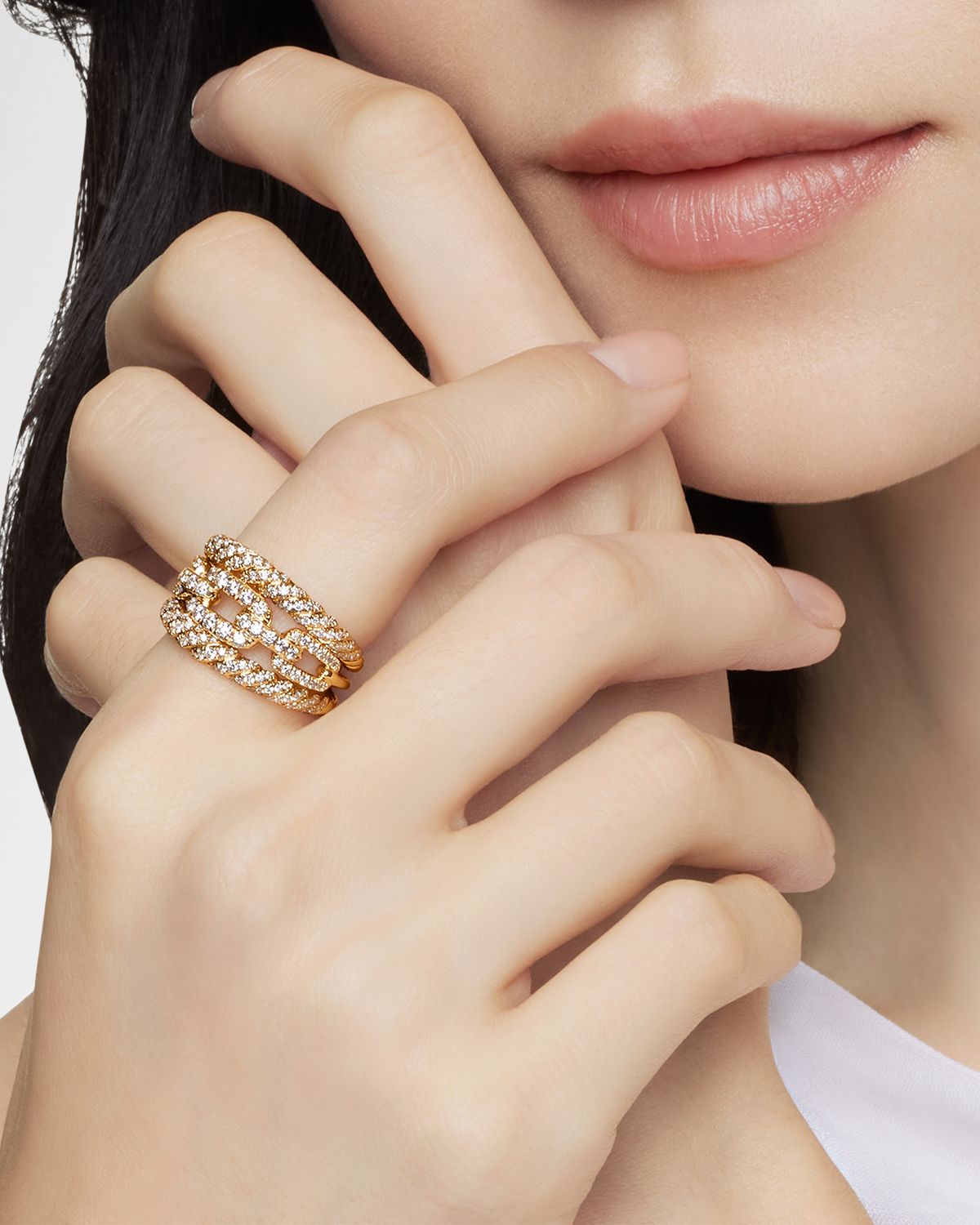 David Yurman 3-Row Full Pave Stax Ring with Diamonds and 18k Yellow Gold
