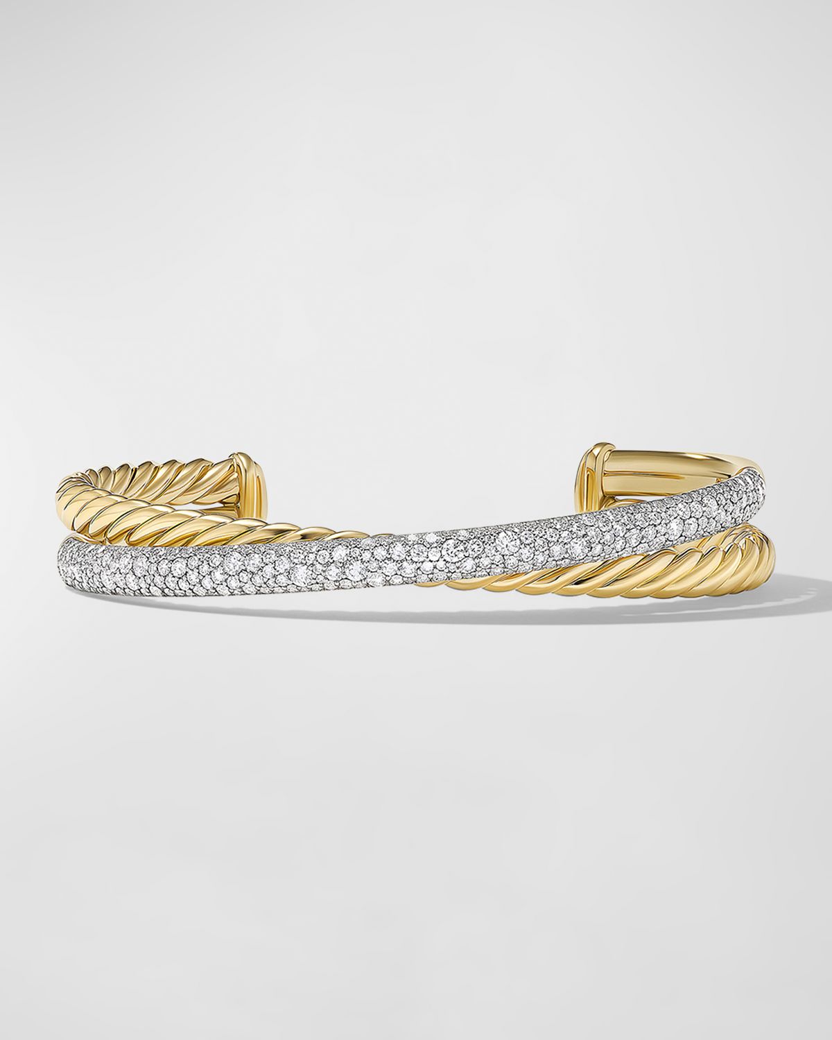 David Yurman Pave Crossover Two Row Cuff Bracelet with Diamonds in 18K Gold, 10.5mm