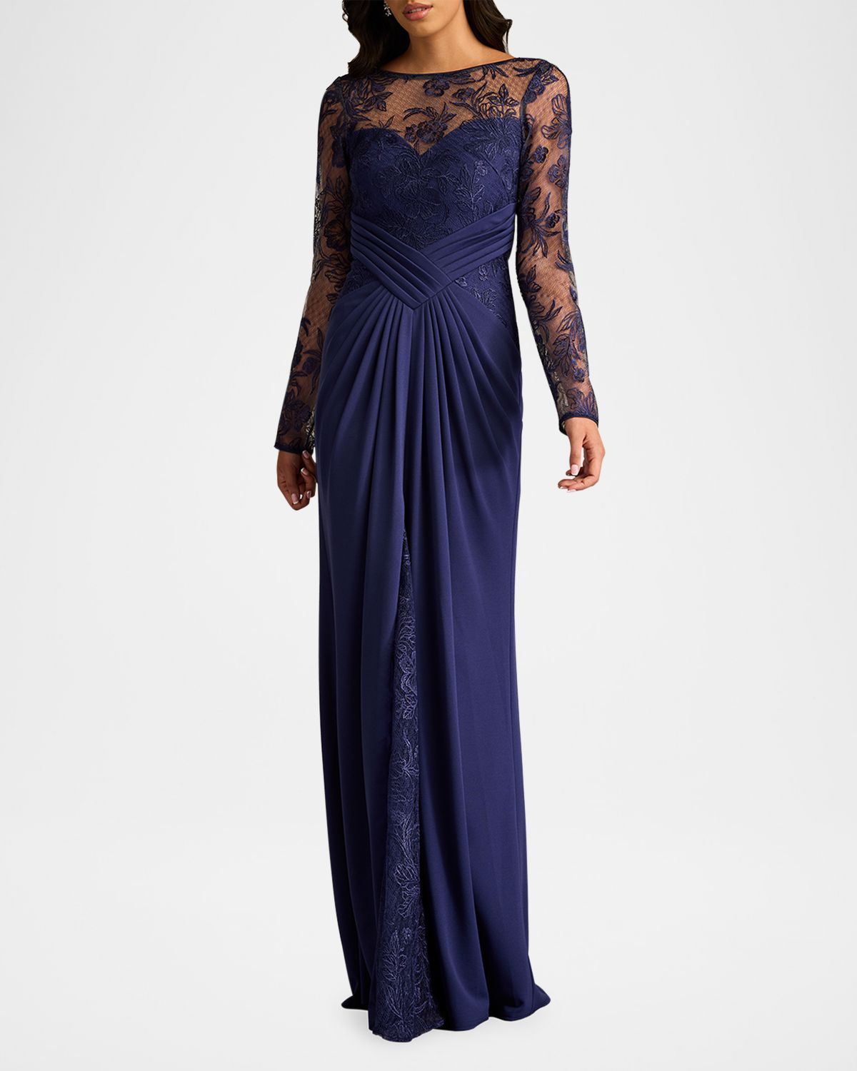 Tadashi Shoji Pleated Crepe & Embroidered Lace Gown