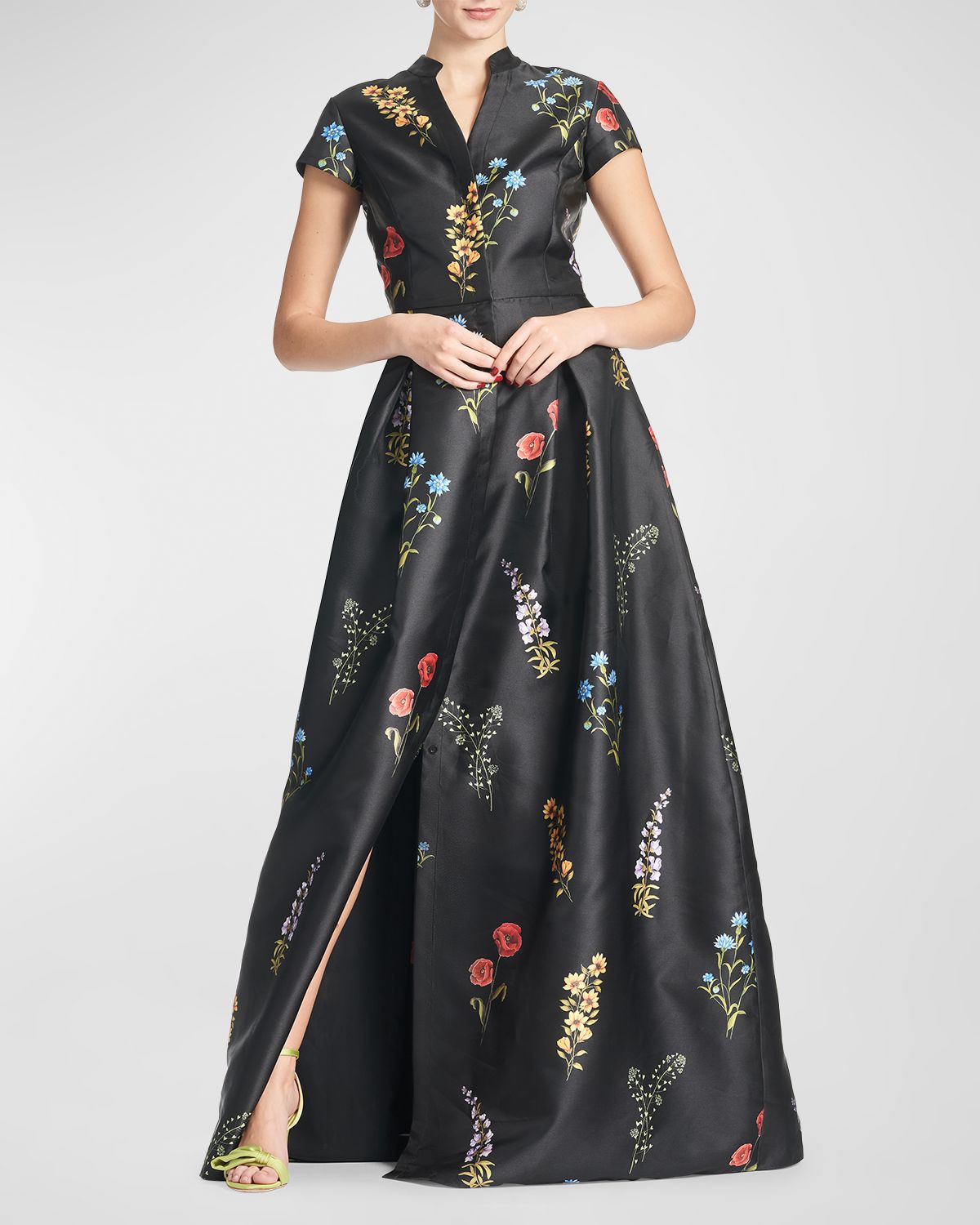 SACHIN & BABI Marta Pleated Floral-Print A-Line Gown