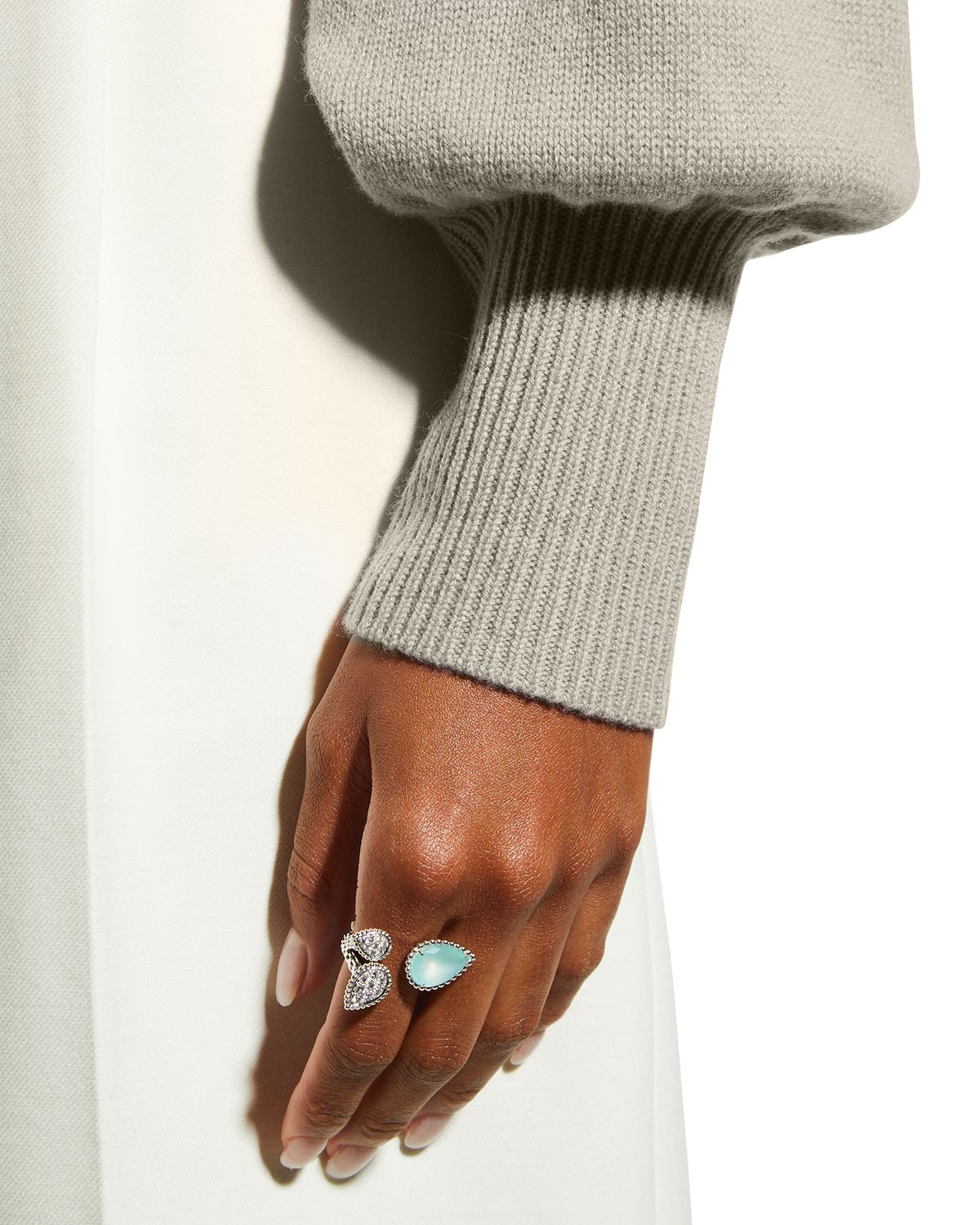 Boucheron Serpent Boheme White Gold 3-Motif Diamond and Aquaprase Ring, EU 52 / US 6