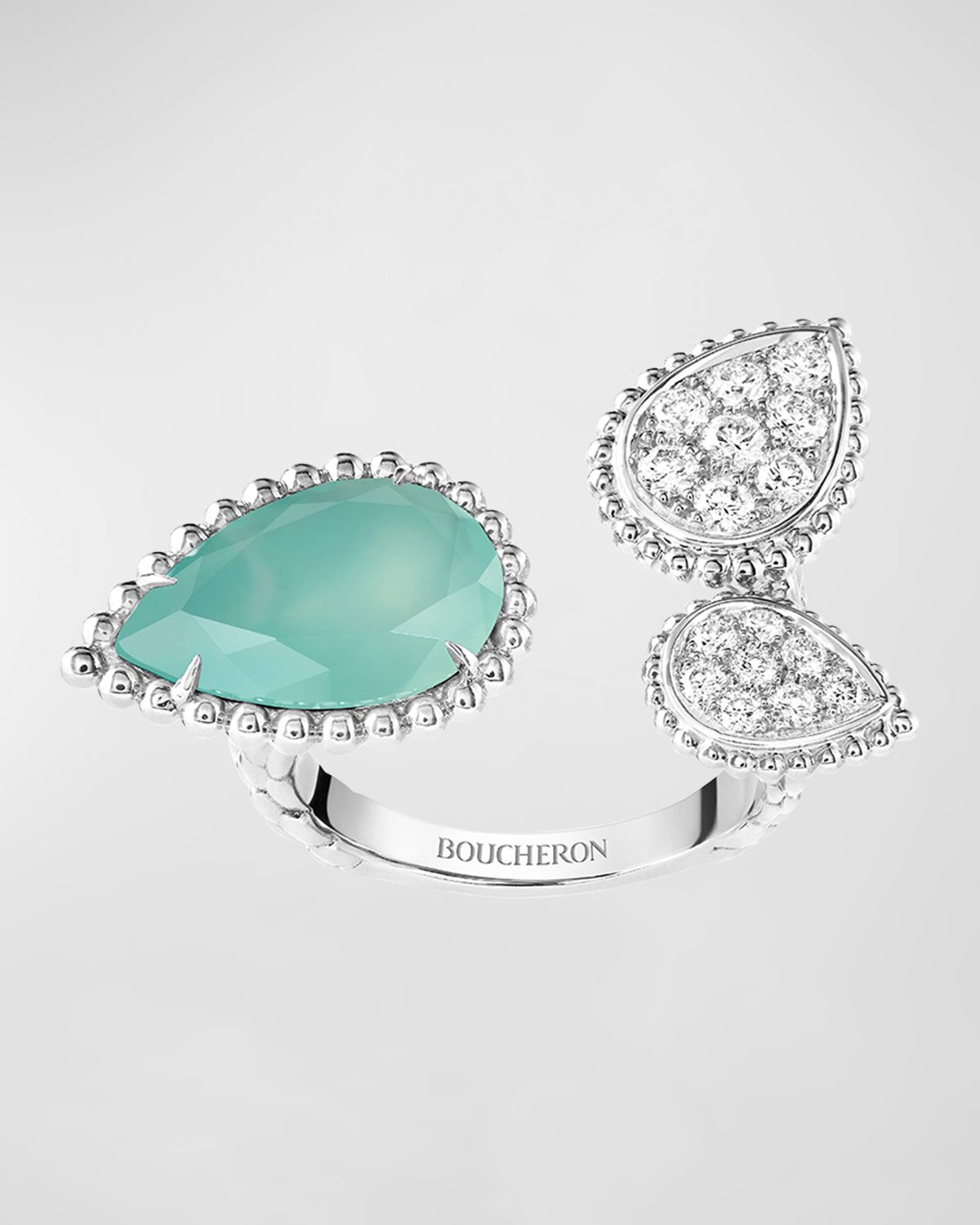 Boucheron Serpent Boheme White Gold 3-Motif Diamond and Aquaprase Ring, EU 52 / US 6