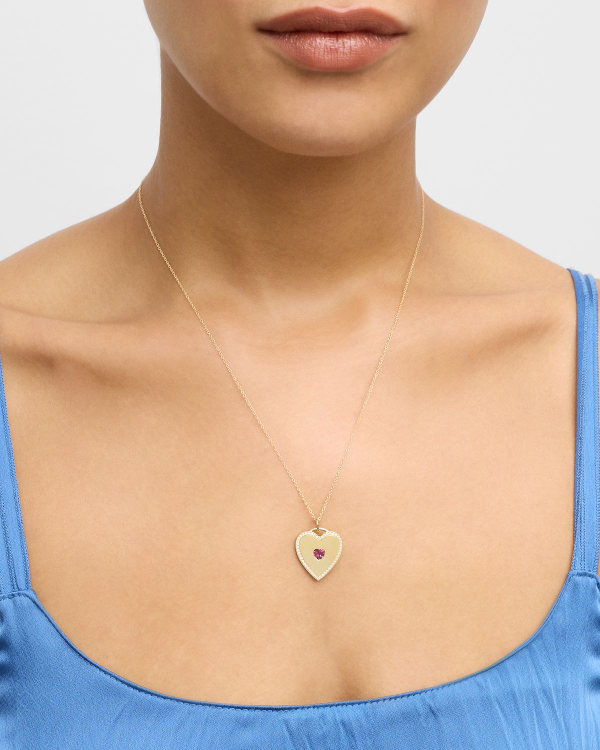 Jennifer Meyer 18K Yellow Gold Heart Pendant Necklace with Pink Tourmaline Center and Diamonds