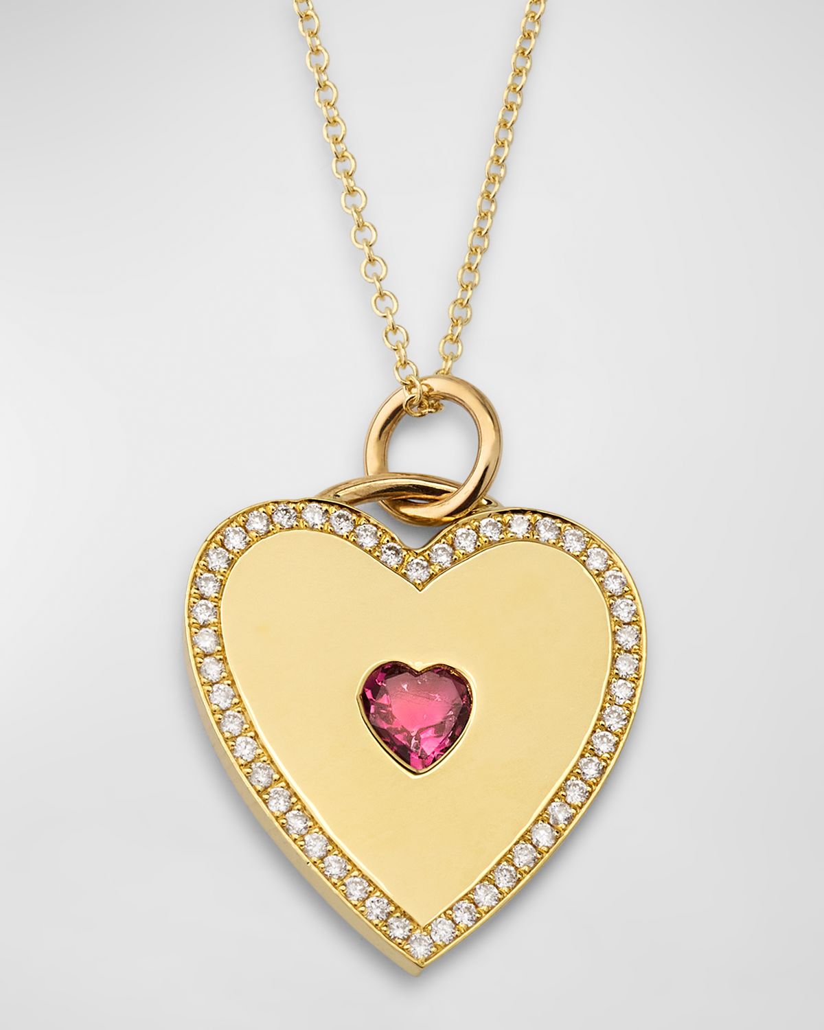Jennifer Meyer 18K Yellow Gold Heart Pendant Necklace with Pink Tourmaline Center and Diamonds