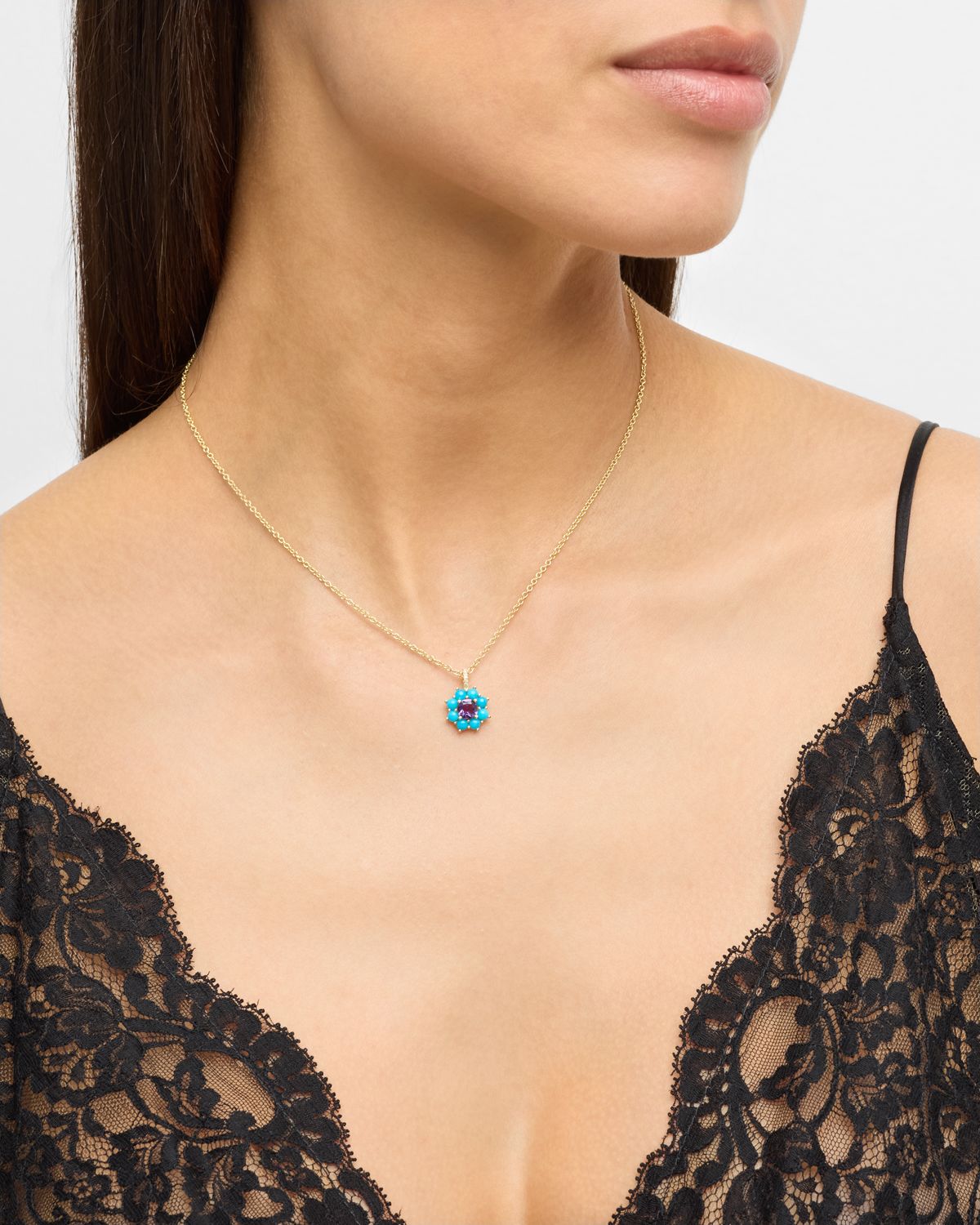 Jennifer Meyer Petite Statement Turquoise Flower Pendant Necklace with Amethyst Center