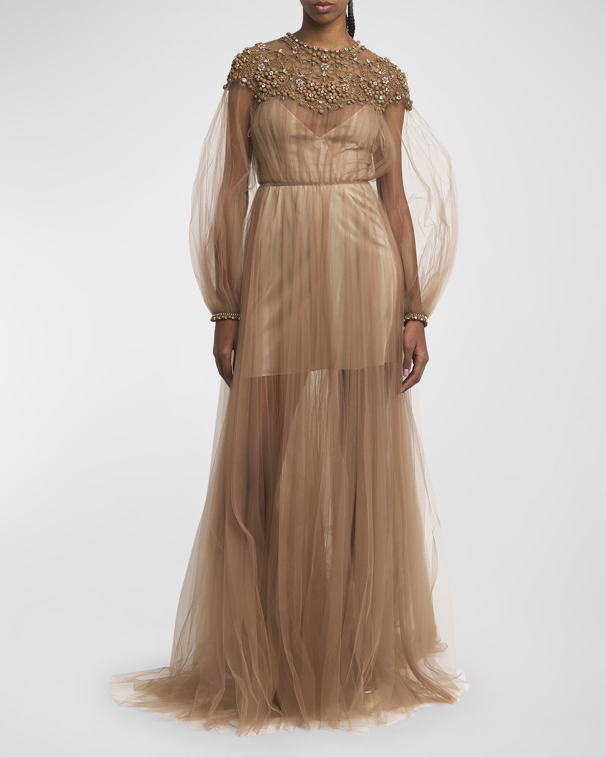 Valentino Garavani Crystal Embroidered Lace Long-Sleeve Pleated Tulle Gown