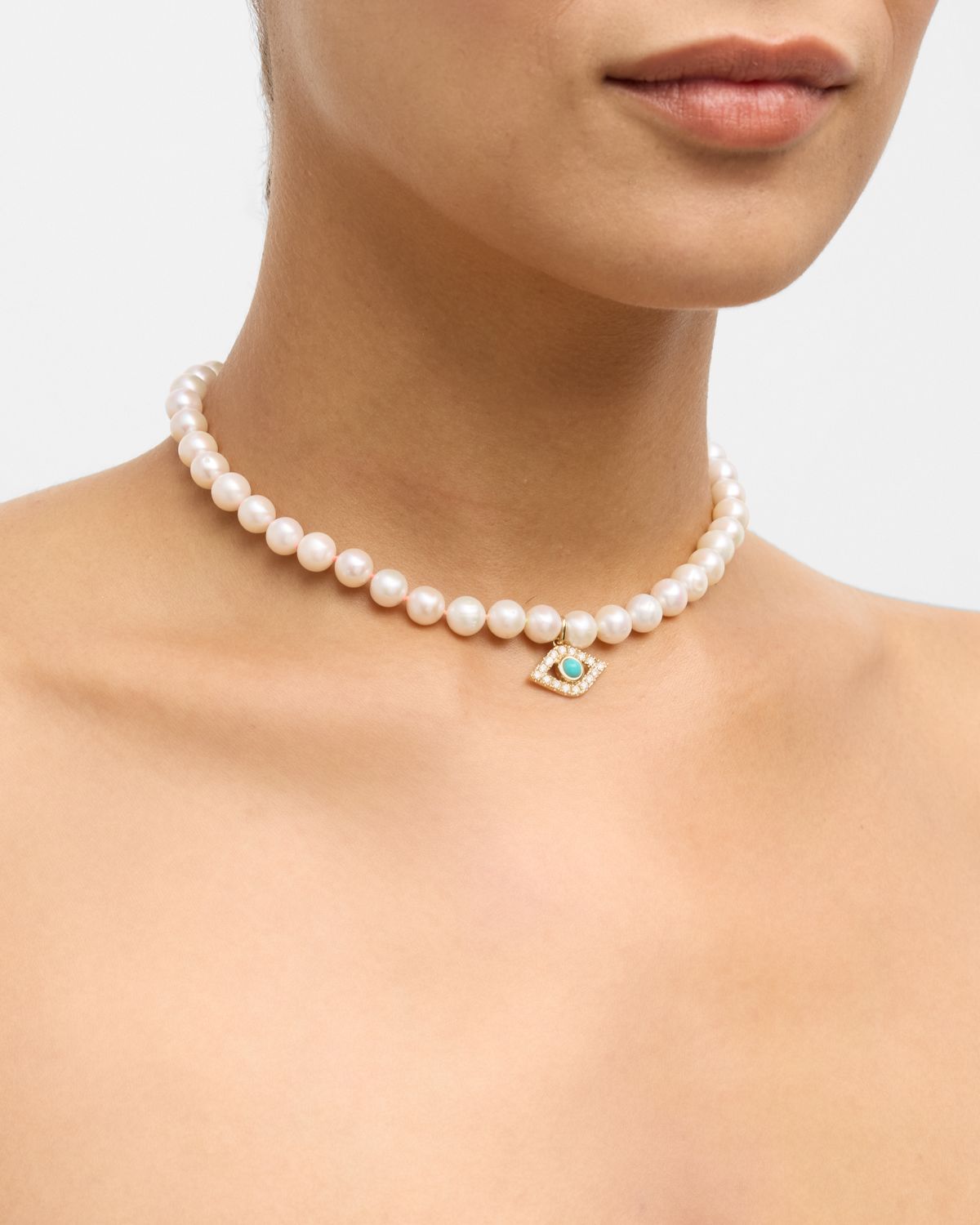 Sydney Evan 14K Large Turquoise Evil Eye Charm on Freshwater Pearl Necklace