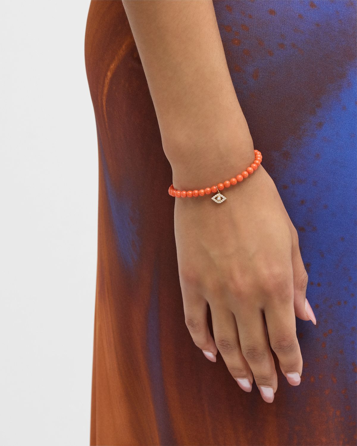 Sydney Evan 14K Large Evil Eye Charm on Peach Coral Bracelet