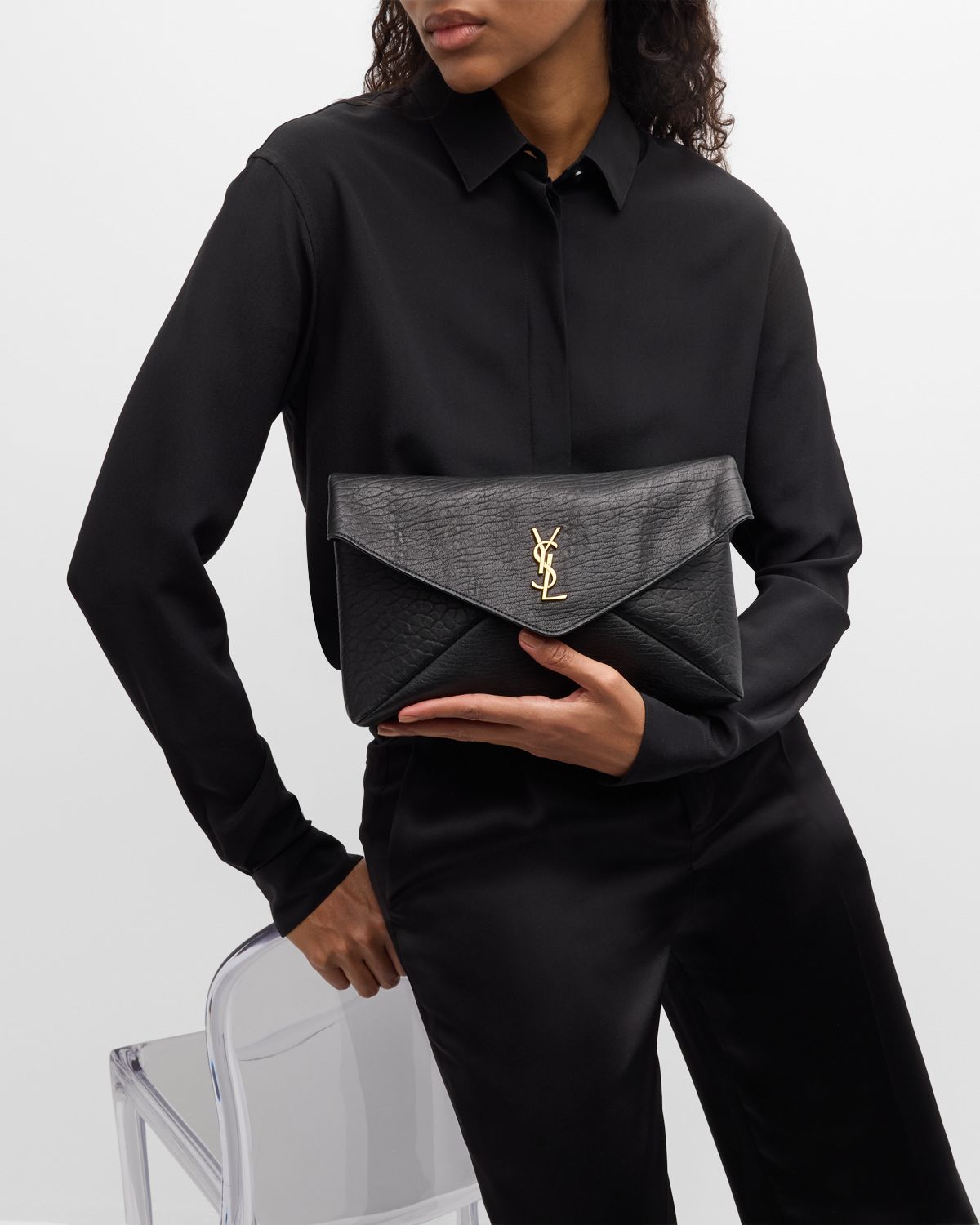 Saint Laurent Large YSL Envelope Pouch Clutch Bag in Leather