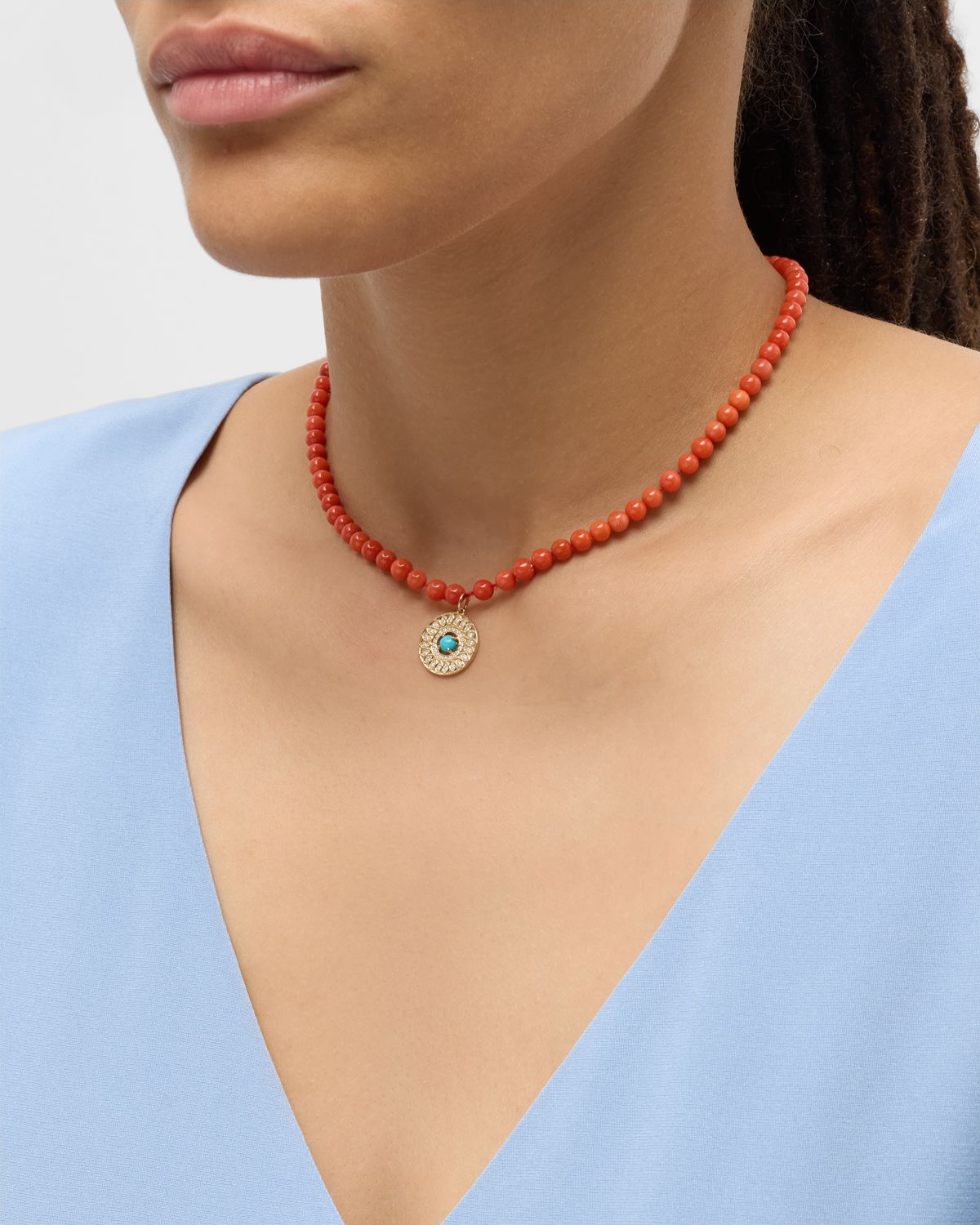 Sydney Evan Turquoise Evil Eye on Coral Beaded Choker