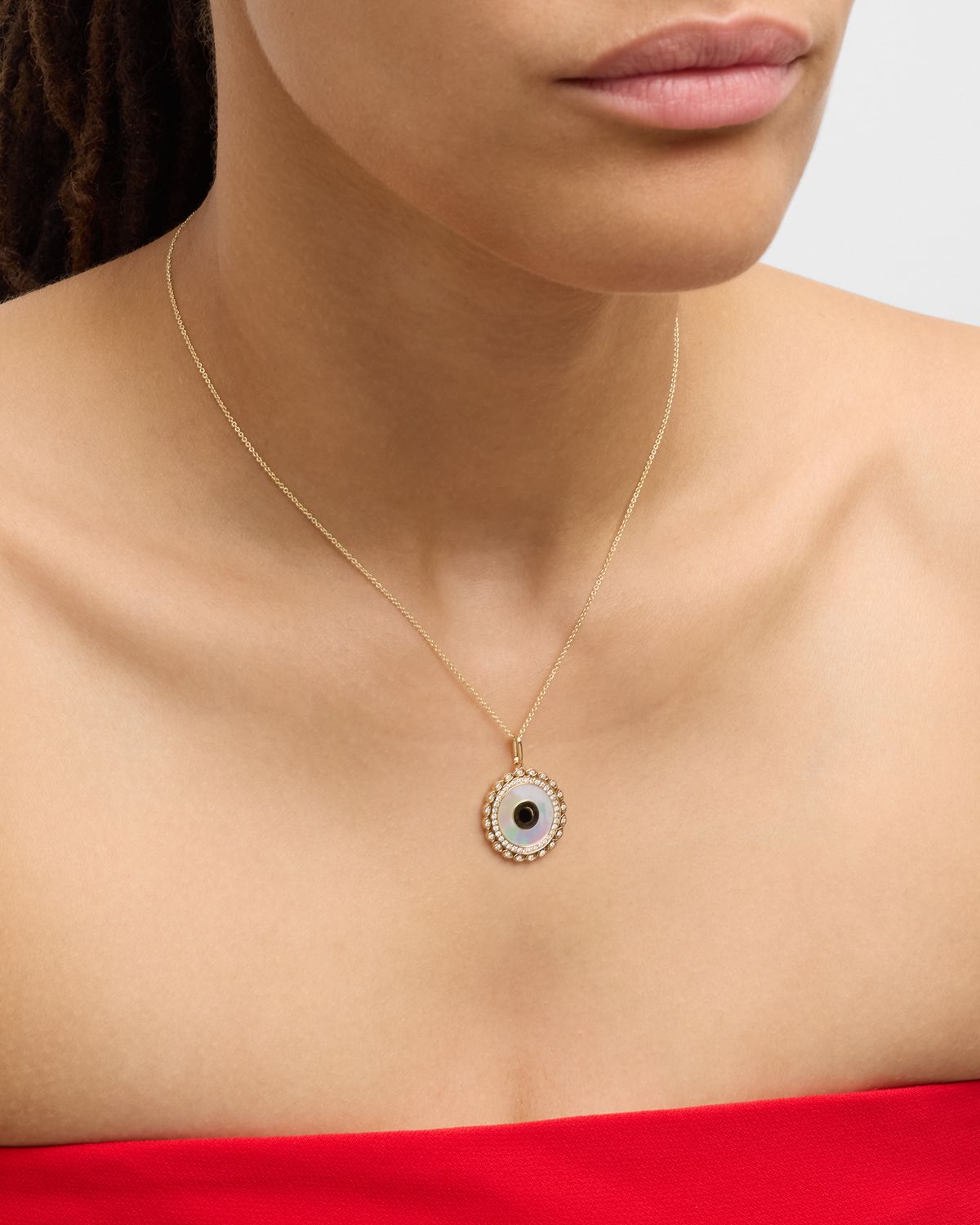 Sydney Evan Large Marquise Eye Border Stone Inlay Evil Eye Charm on Cable Chain Necklace