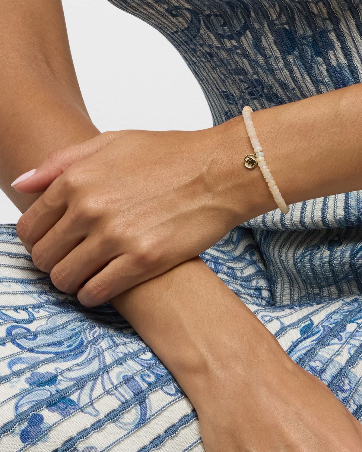 Sydney Evan 14K Yellow Gold Tiny Elephant Coin Charm on Opal Beaded Bracelet with One Diamond
