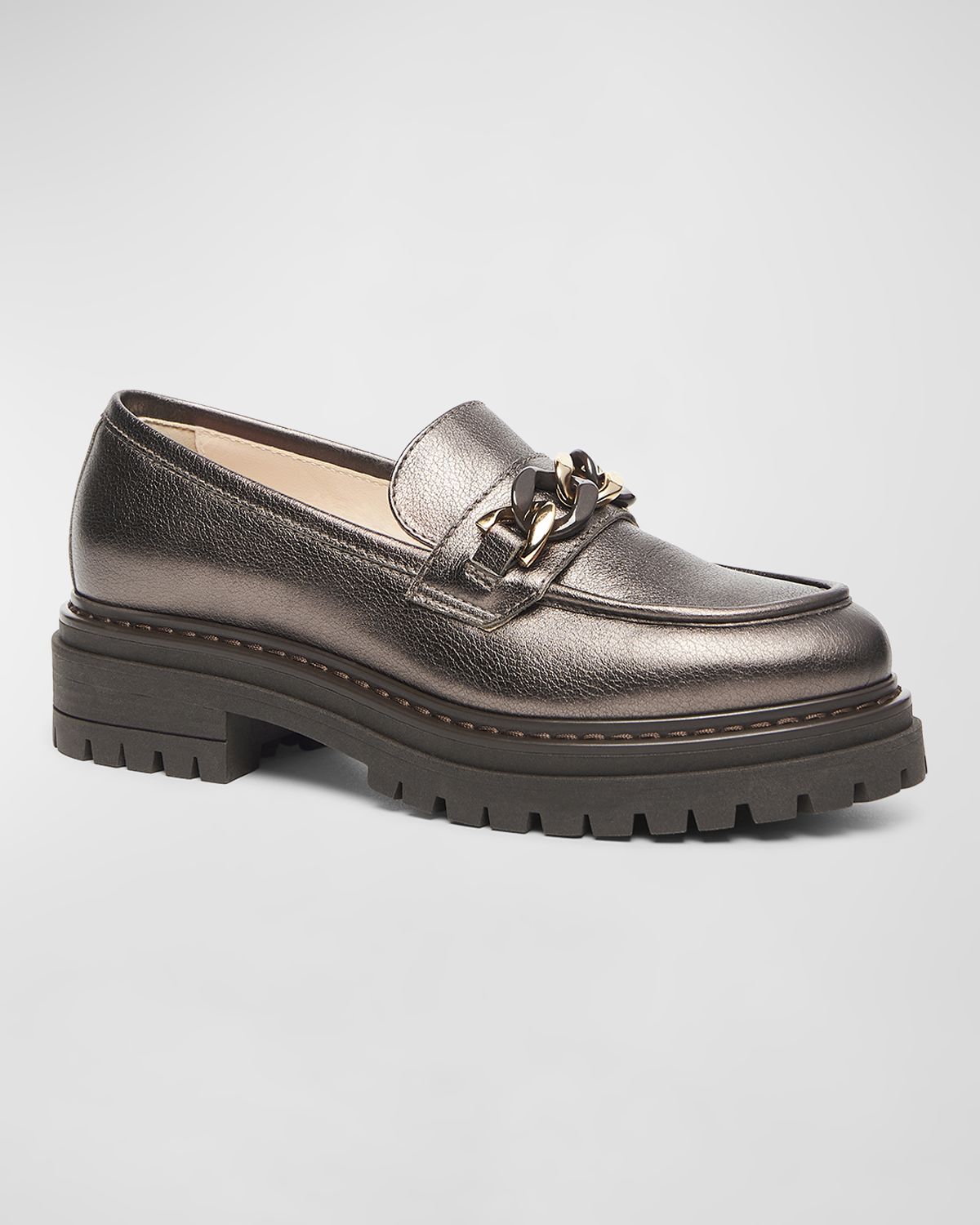 NeroGiardini Metallic Leather Chain Lug-Sole Loafers