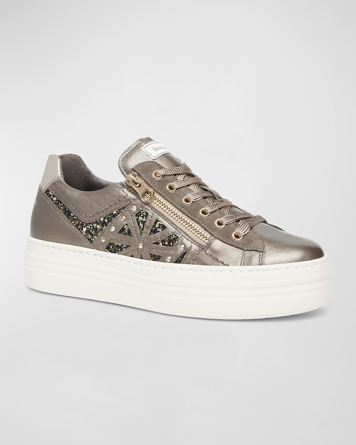 NeroGiardini Metallic Zip Cutout Glitter Sneakers