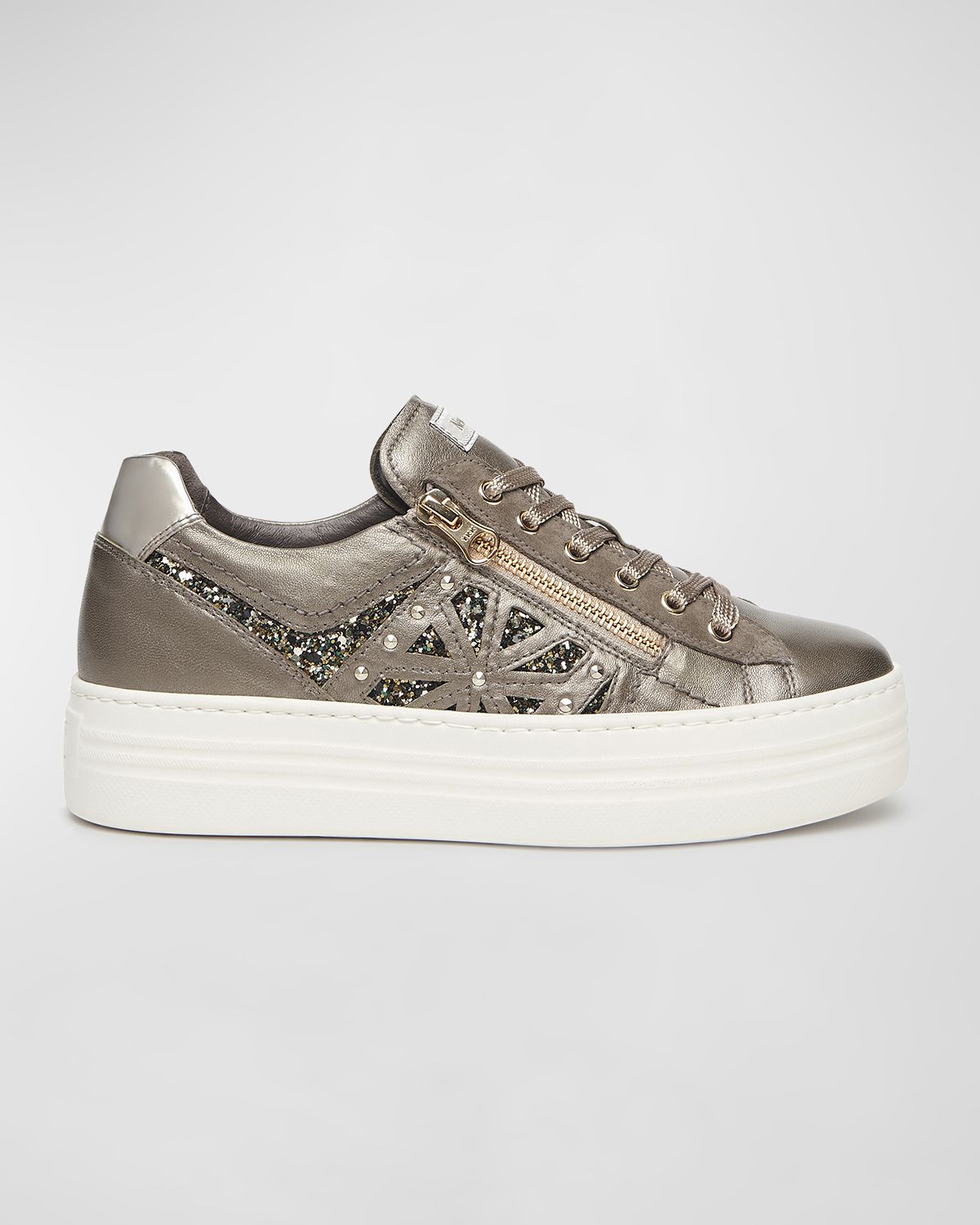 NeroGiardini Metallic Zip Cutout Glitter Sneakers
