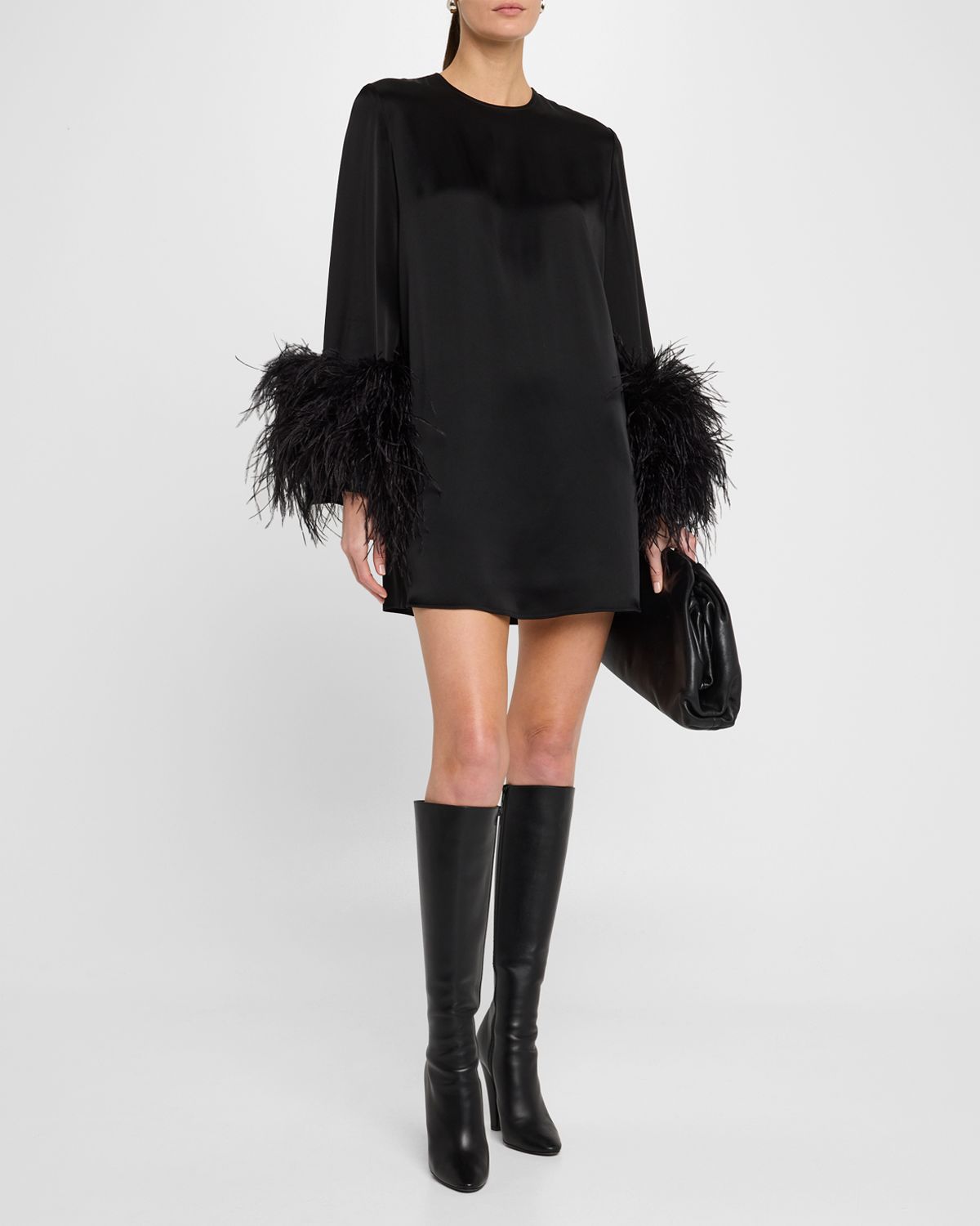 LAPOINTE Double-Face Satin Shift Dress with Ostrich Feathers