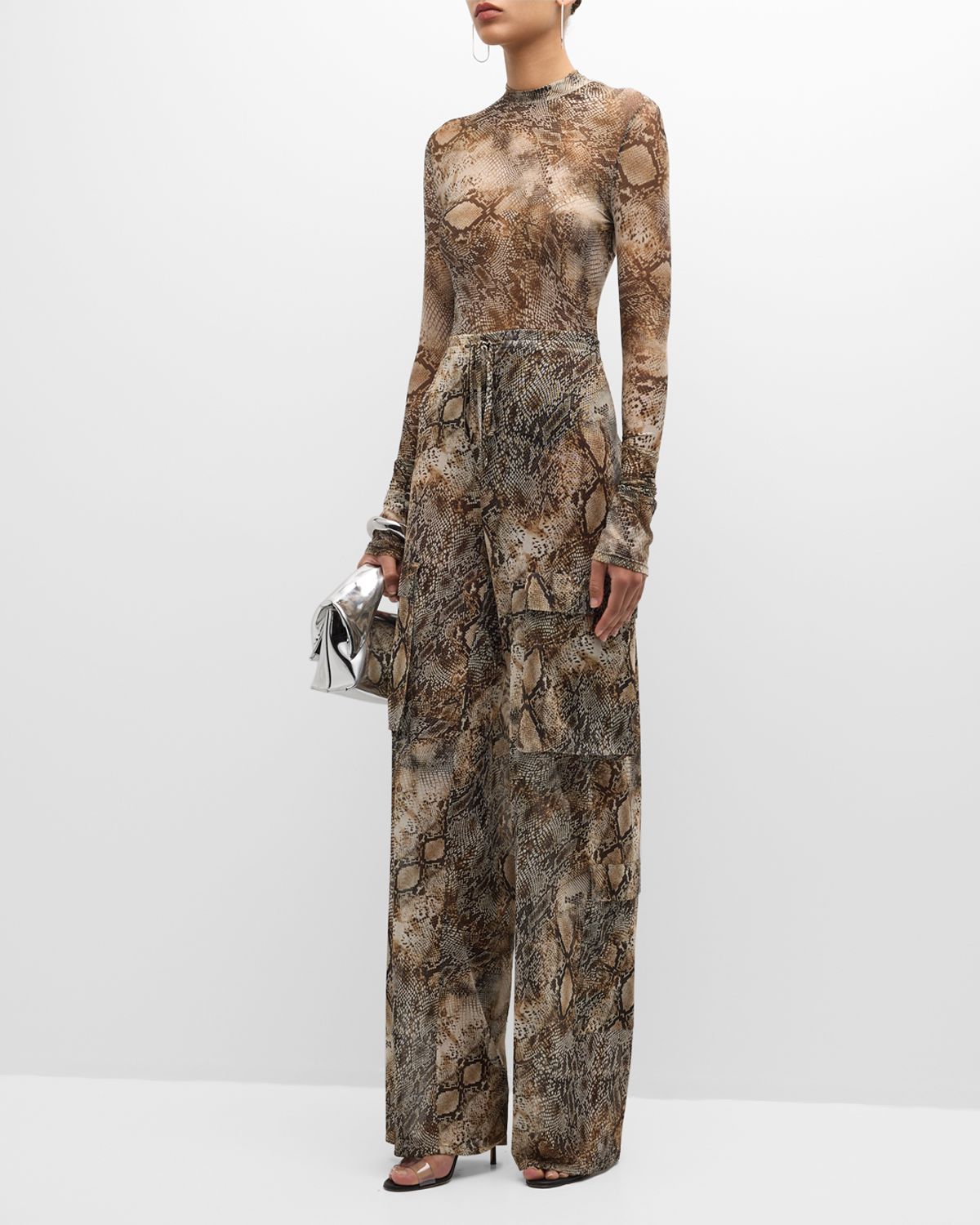 LAPOINTE Snakeskin-Print Mesh Mock-Neck Long-Sleeve Bodysuit