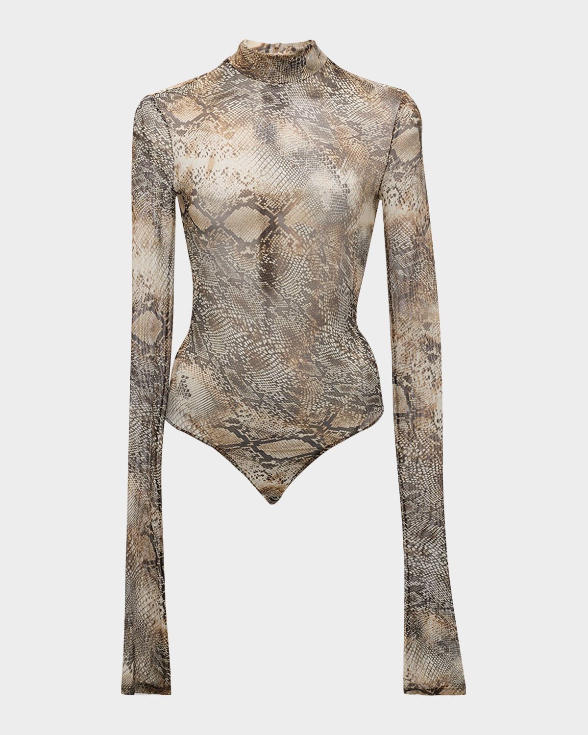 LAPOINTE Snakeskin-Print Mesh Mock-Neck Long-Sleeve Bodysuit