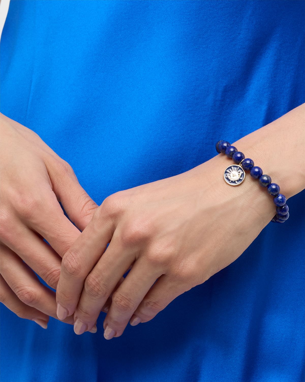 Sydney Evan Sun and Moon Medallion Charm on Round Lapis Beaded Bracelet