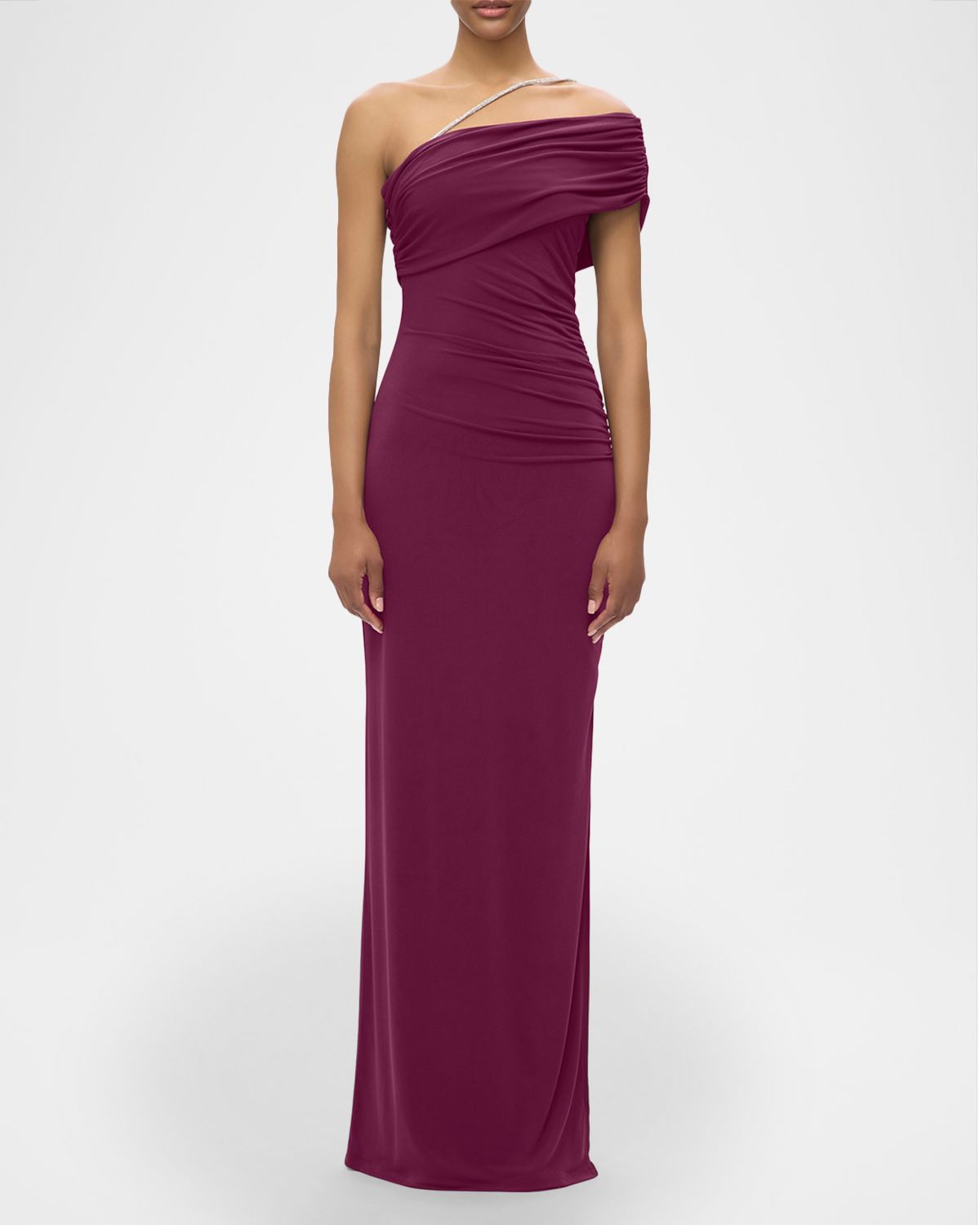 Herve Leger Crystal Strap Ruched One-Shoulder Gown