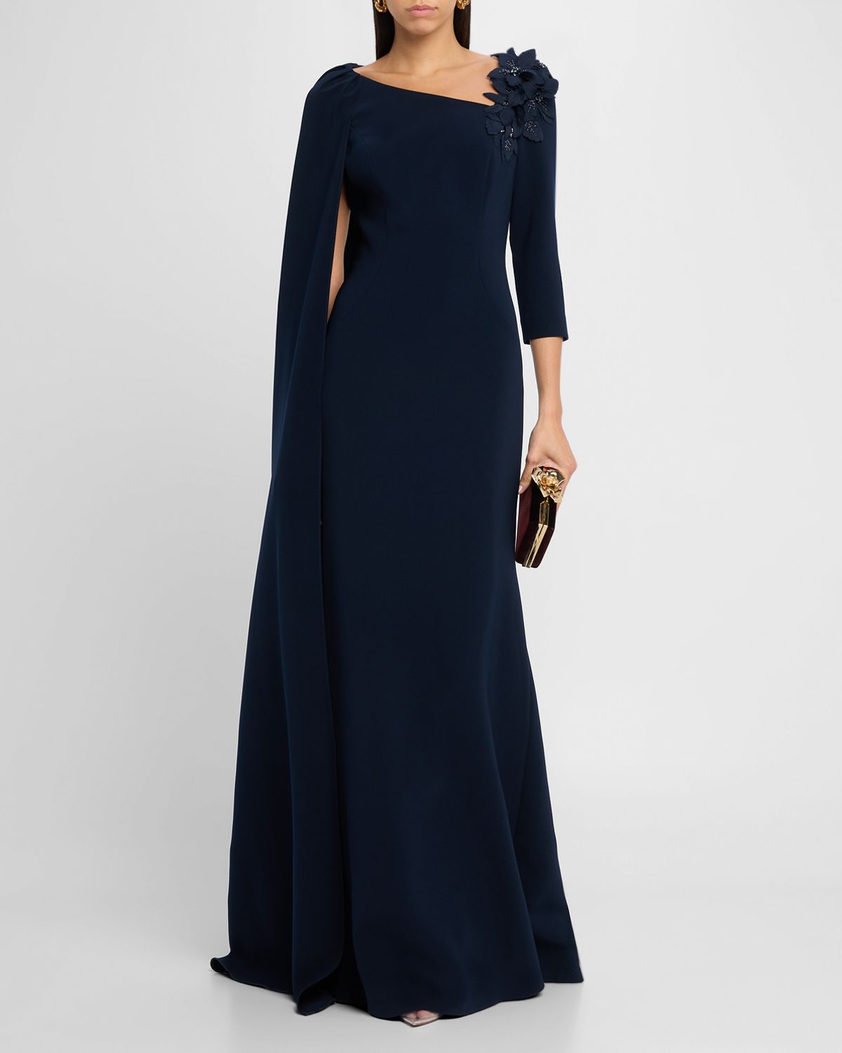 Rickie Freeman for Teri Jon Cape-Sleeve Floral Applique Trumpet Gown