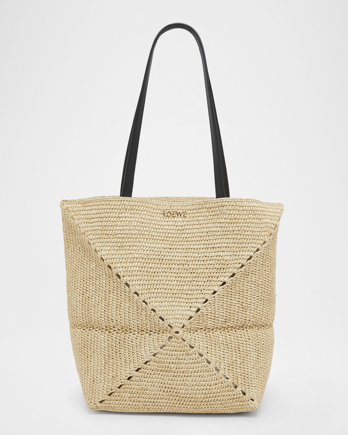 Loewe x Paula 's Ibiza Medium Puzzle Fold Tote Bag in Raffia with Leather Handles