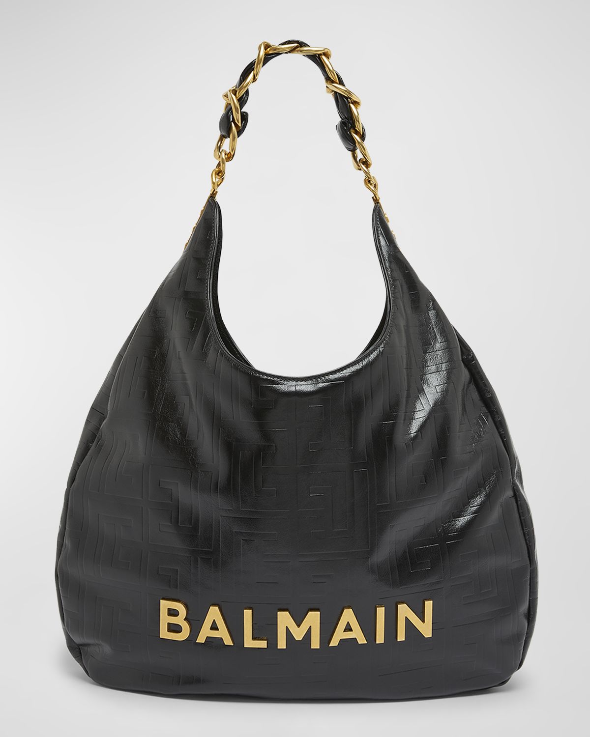 Balmain 1945 Hobo Bag in Monogram Crinkled Leather
