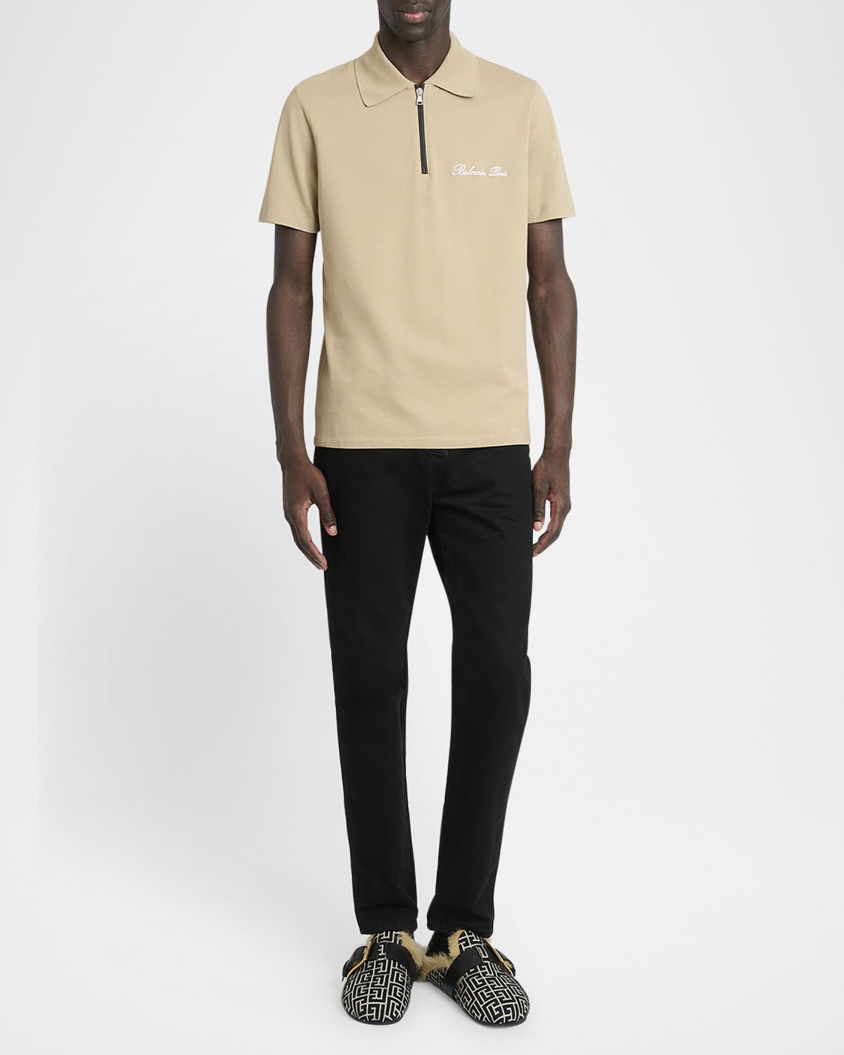 Balmain Men 's Embroidered Zip Polo Shirt