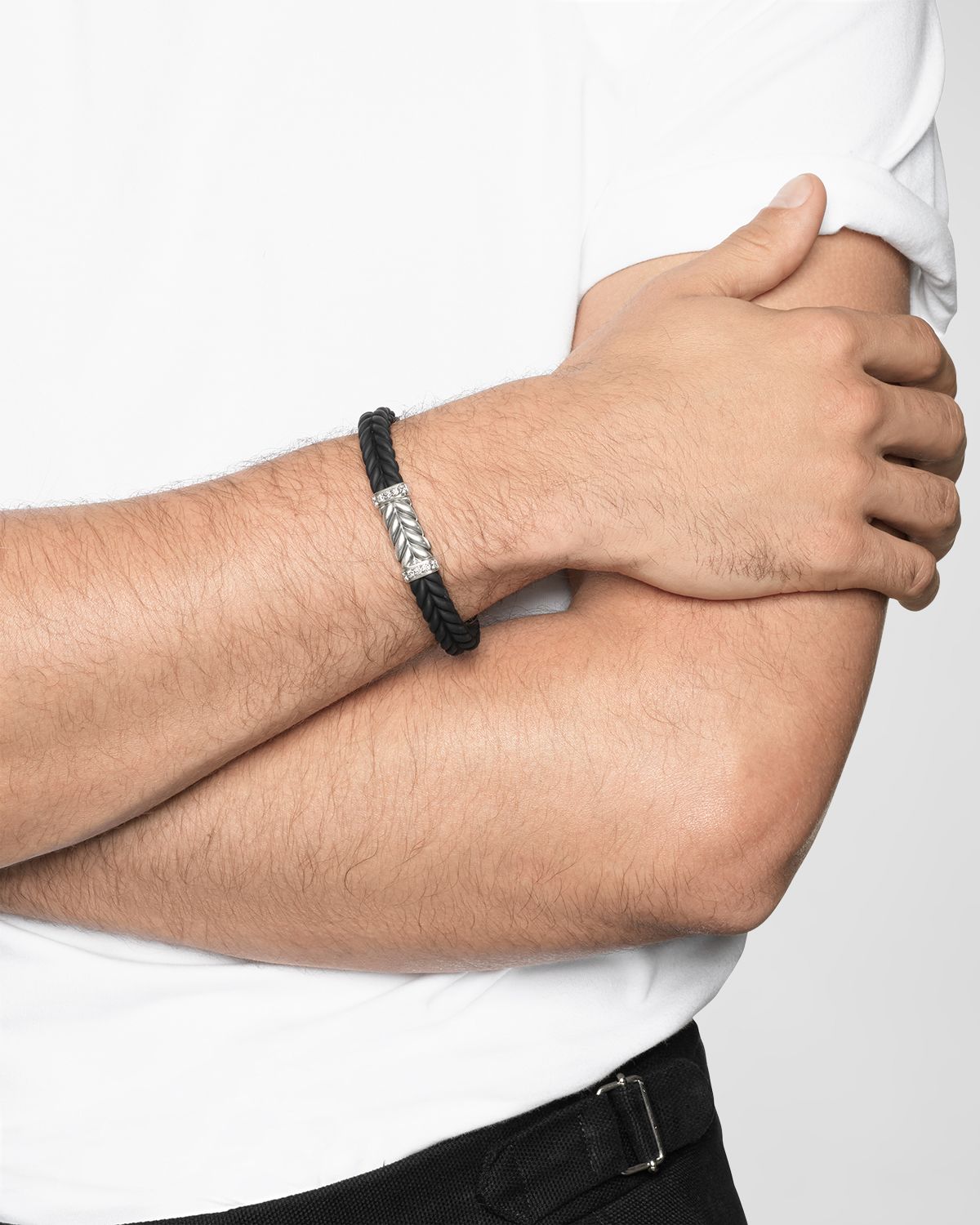 David Yurman Men 's Chevron Bracelet in Rubber with Diamonds and Silver