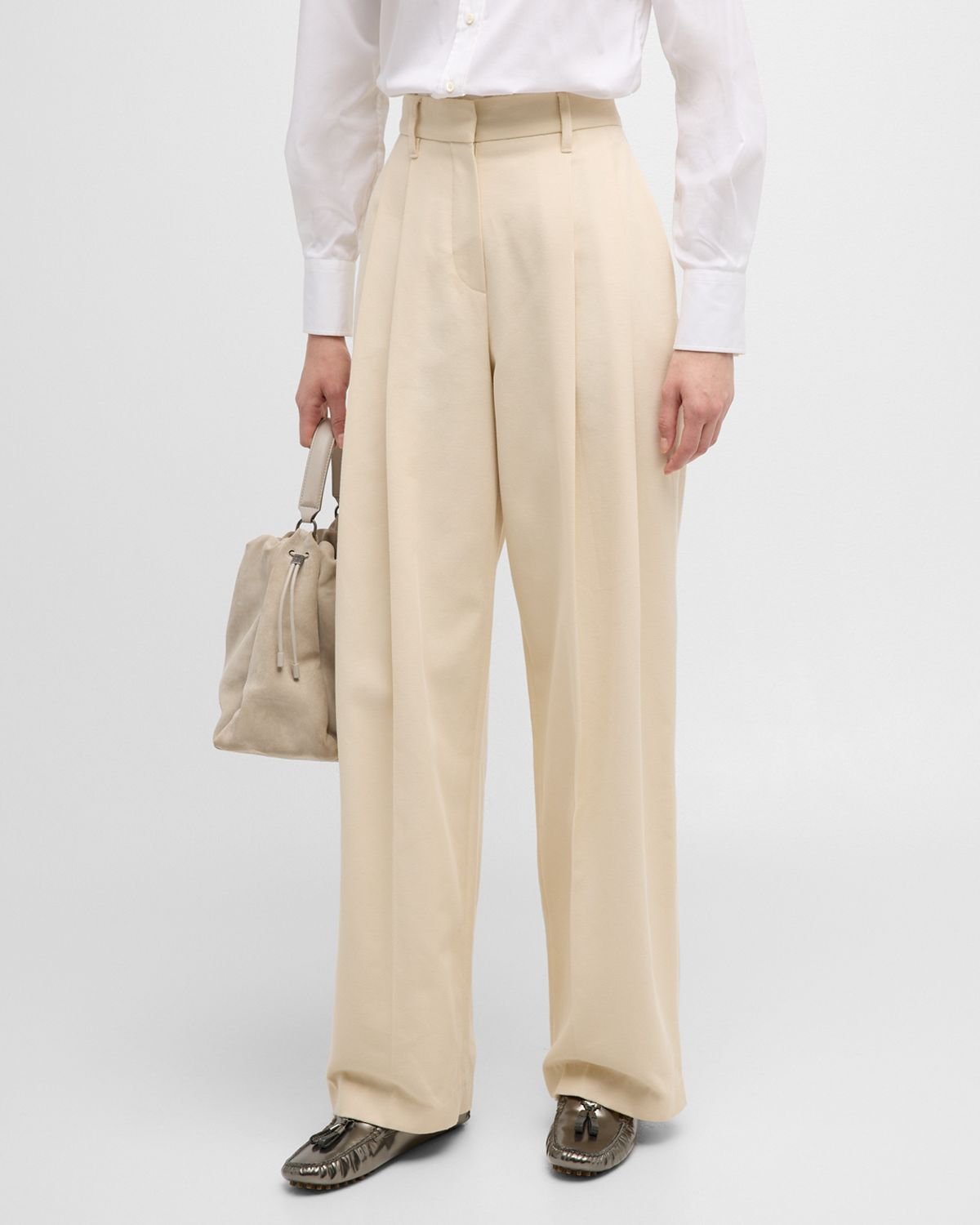 Brunello Cucinelli High-Rise Pleated Cotton-Twill Straight-Leg Trousers