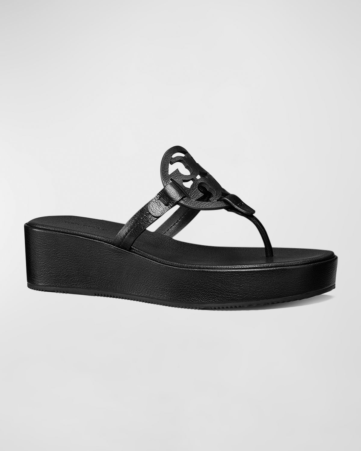Tory Burch Miller Leather Logo Wedge Thong Sandals