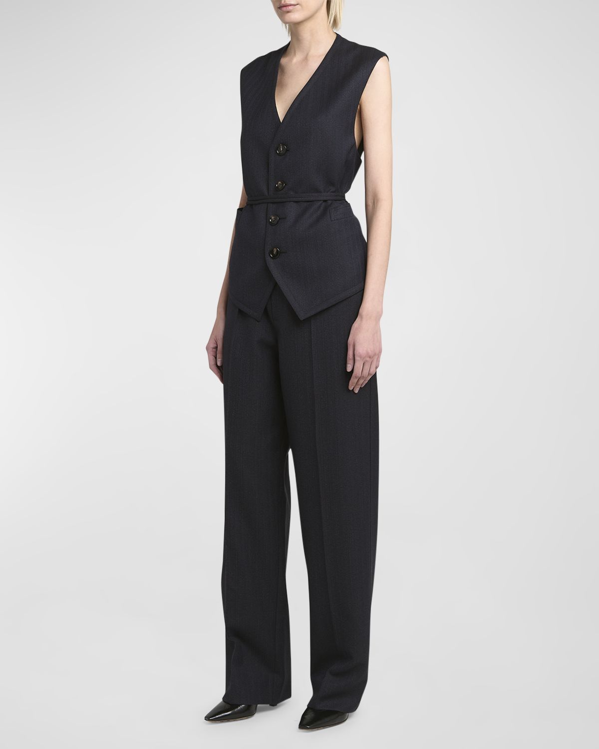 Bottega Veneta Subtle Striped Wool Gilet with Tie Waist