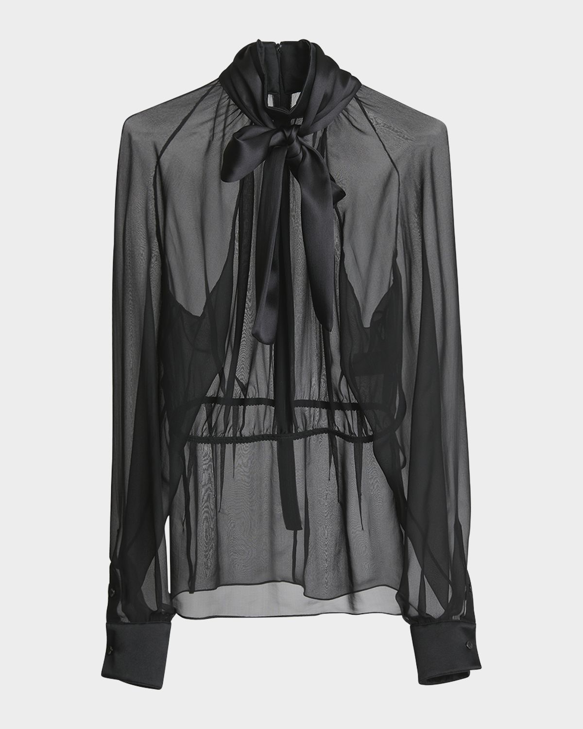 Dolce & Gabbana Satin Neck-Bow Long-Sleeve Chiffon Top