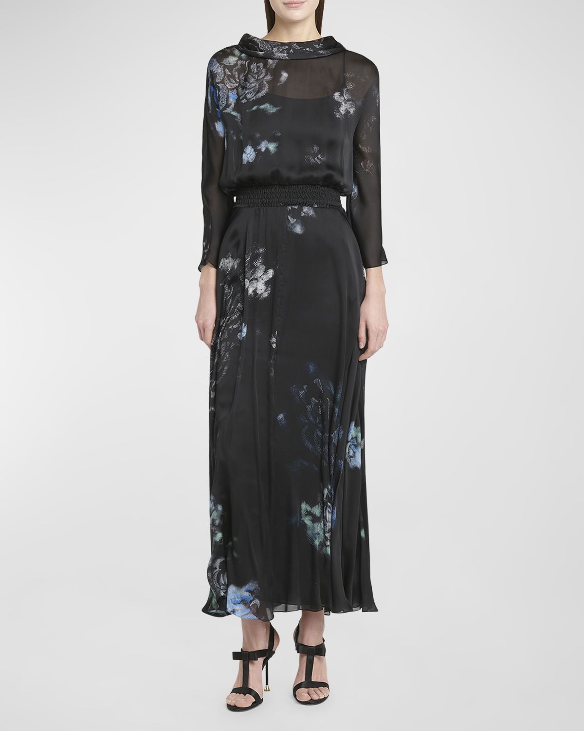 Giorgio Armani Floral Print Silk Gown with Smocked Waist