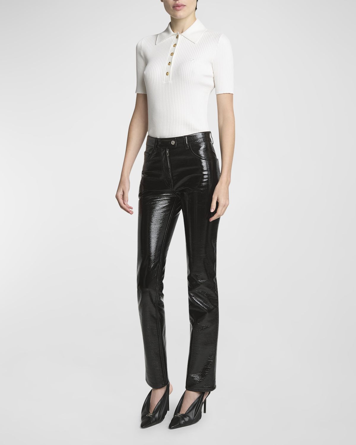 Courreges Collared Rib-Knit Polo Top