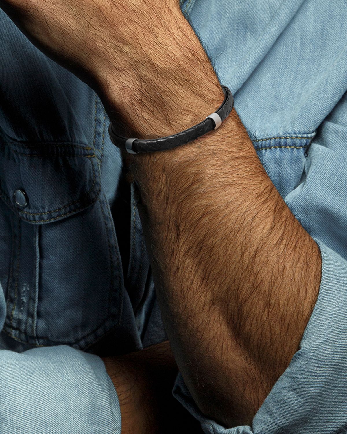 Link Up Men 's Stainless Steel and Braided Leather Bracelet