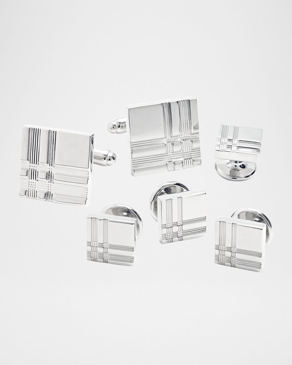 Link Up Men 's Square Silvertone Plaid Cufflink Stud Set