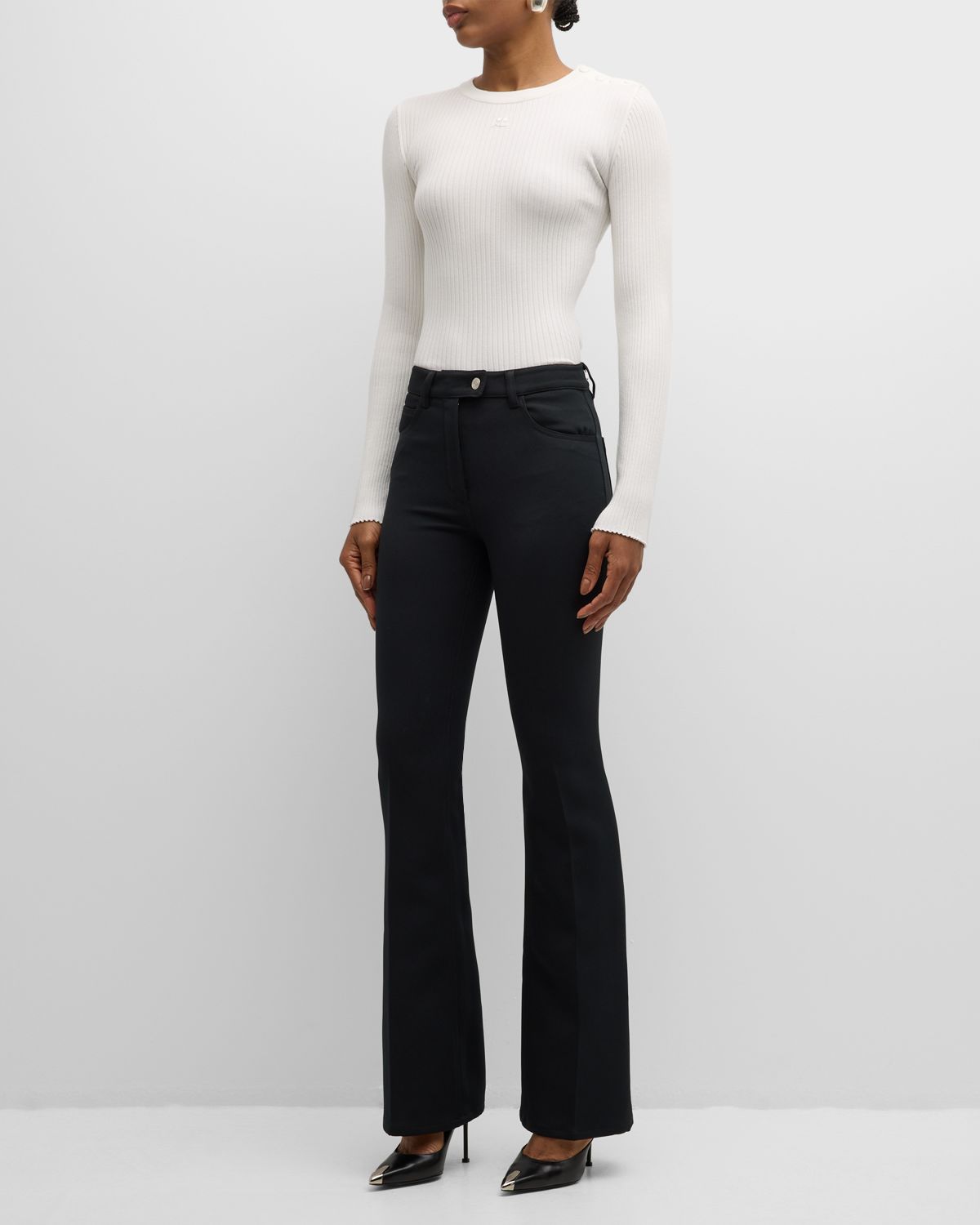 Courreges Shoulder Snaps Long-Sleeve Rib Sweater