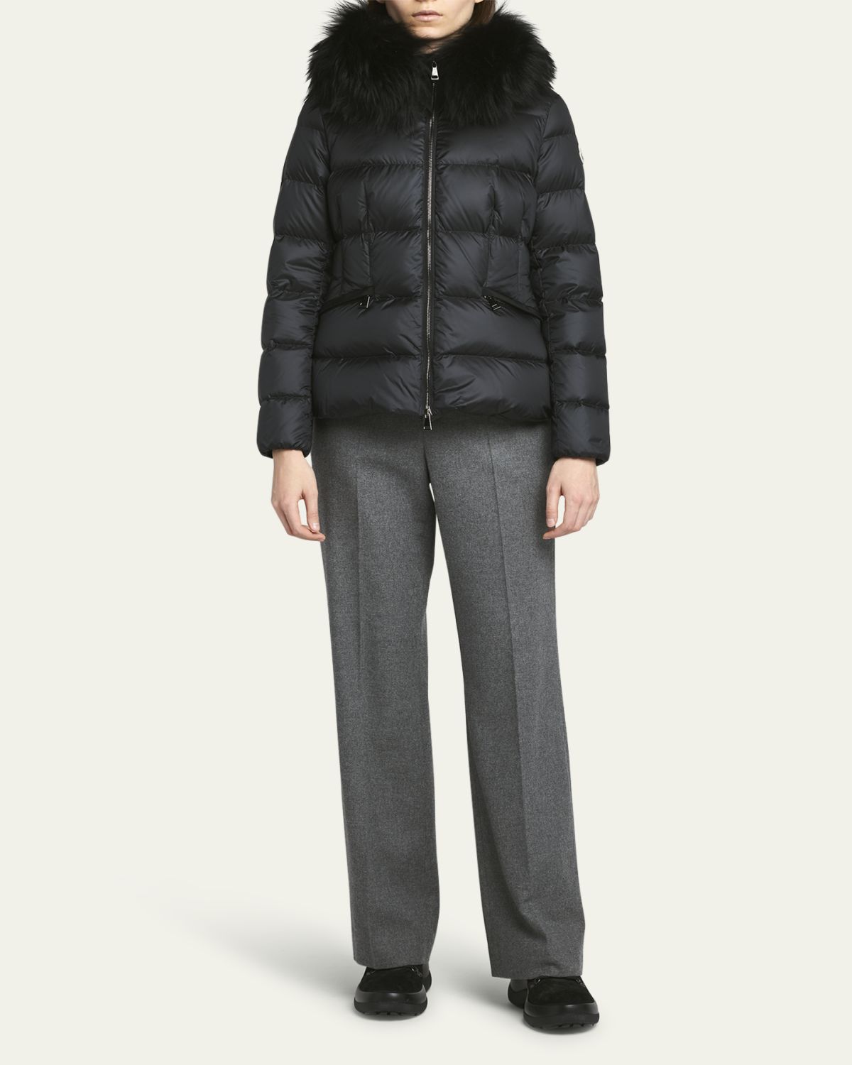 Moncler Boed Hooded Shearling-Trimmed Short Down Jacket