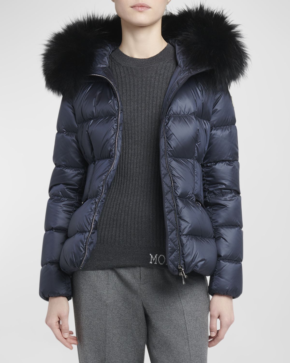 Moncler Boed Hooded Shearling-Trimmed Short Down Jacket