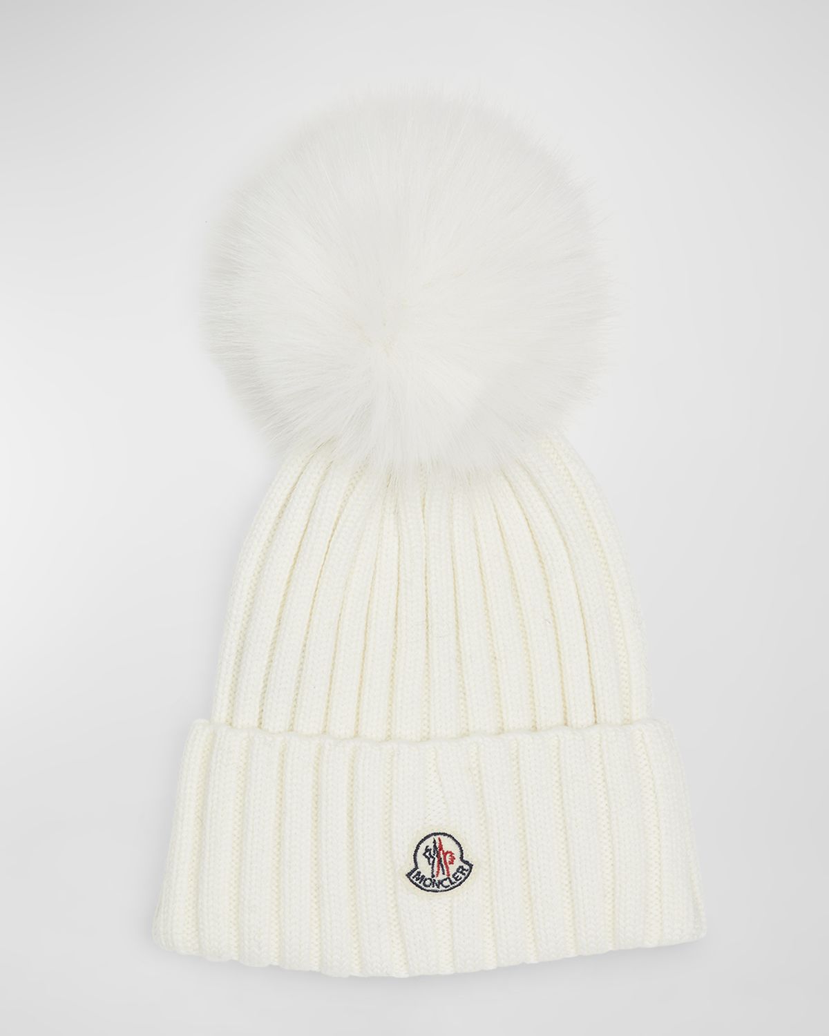 Moncler Ribbed Wool Beanie with Faux Fur Pom