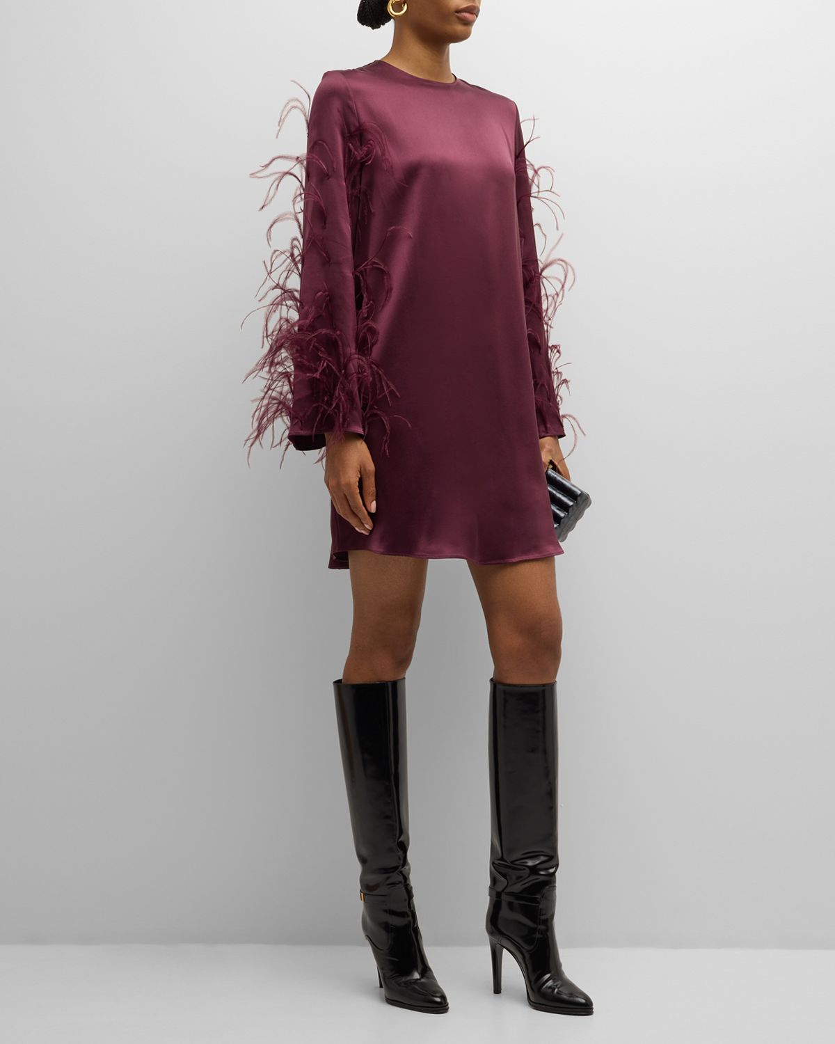 LAPOINTE Feather Long-Sleeve Satin Mini Shift Dress