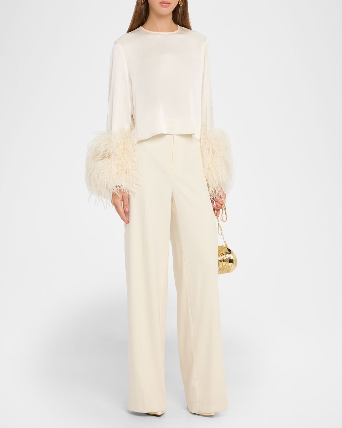 LAPOINTE Feather-Trim Long-Sleeve Crop Satin Top