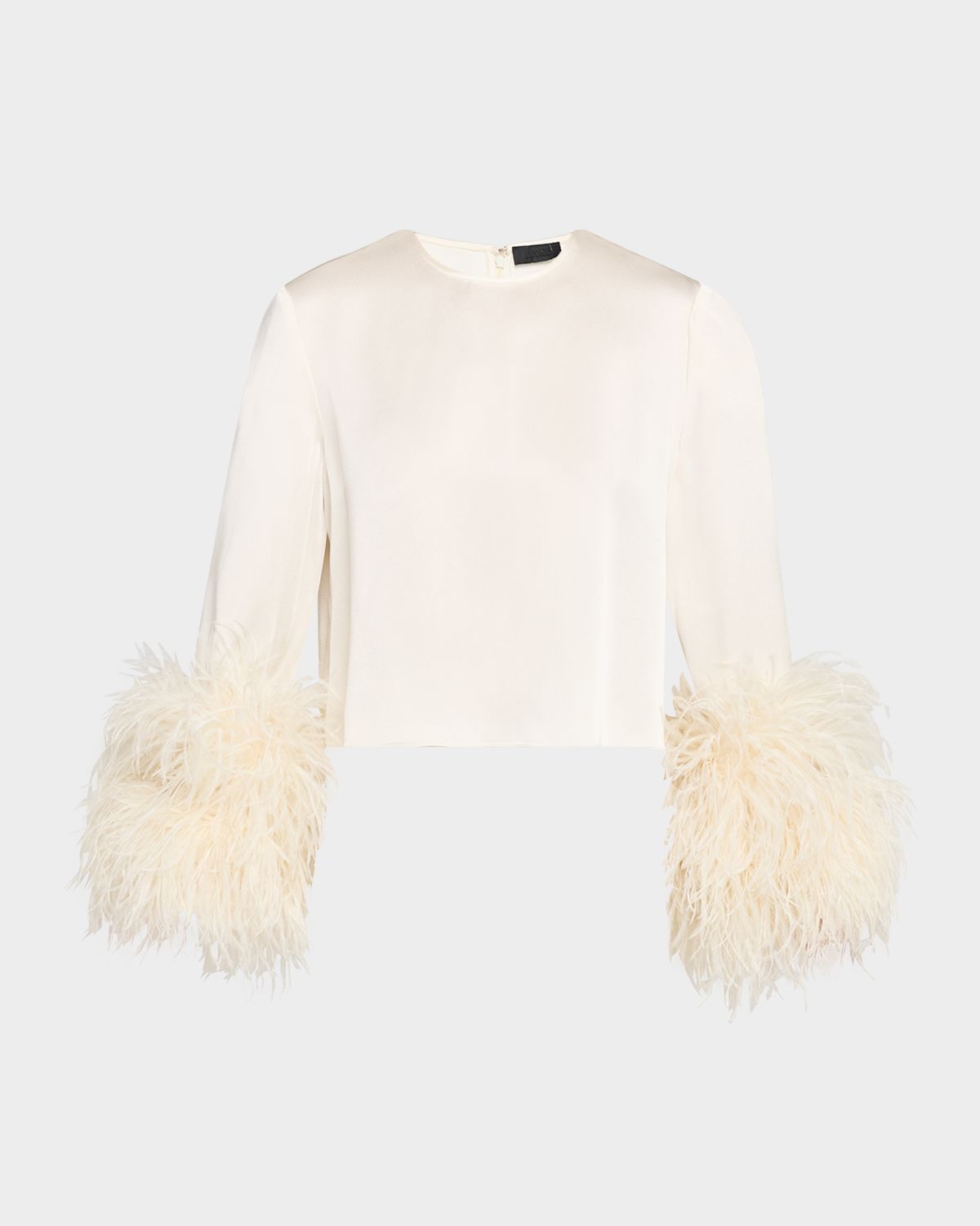 LAPOINTE Feather-Trim Long-Sleeve Crop Satin Top
