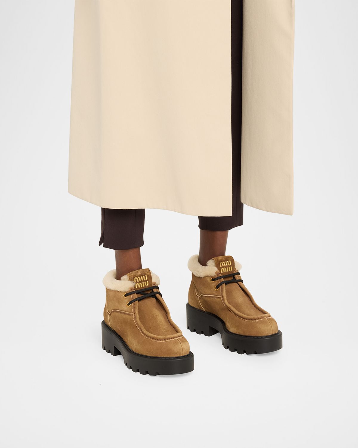 Miu Miu Suede Shearling Lace-Up Chukka Booties