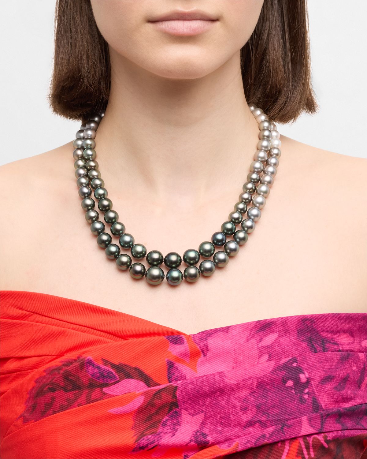 Belpearl 18K White Gold 9-13.5mm Tahitian and South Sea Pearl 2 Row Necklace with Diamond Clasp