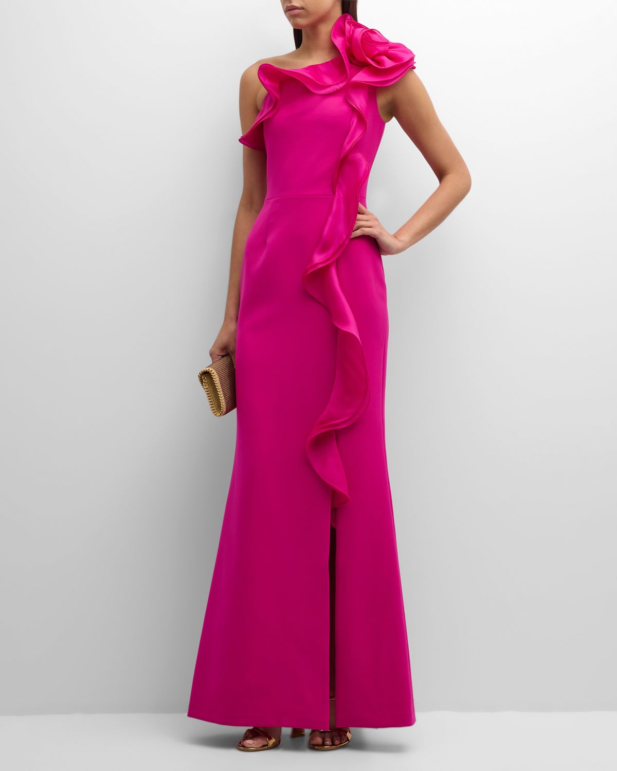 Rickie Freeman for Teri Jon One-Shoulder Ruffle Column Gown