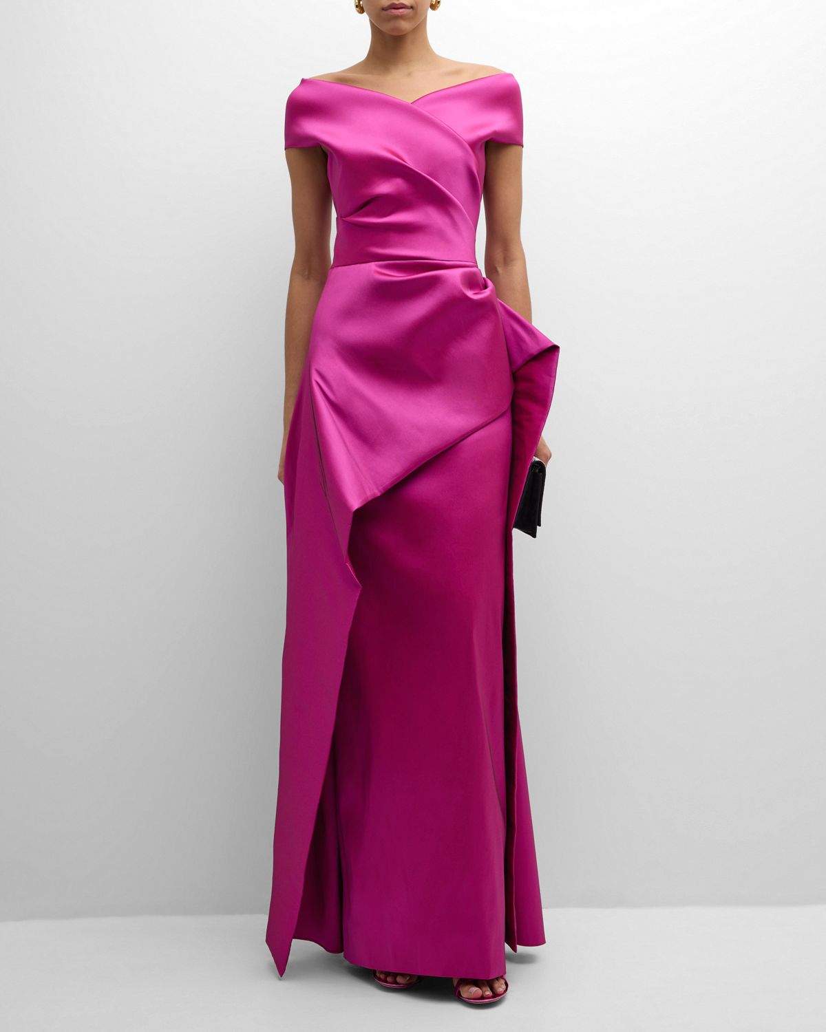 Rickie Freeman for Teri Jon Pleated Off-Shoulder Peplum Gown