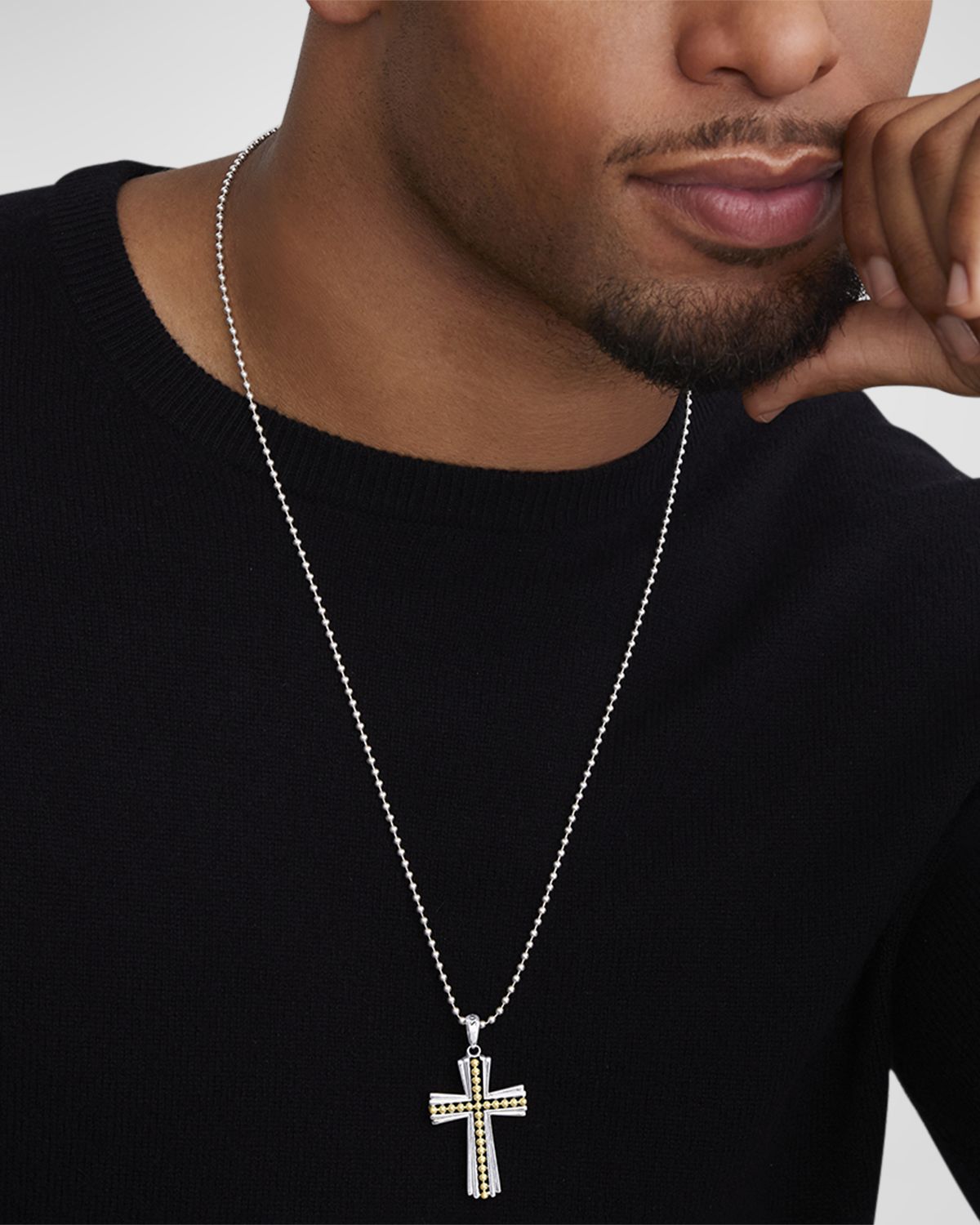 LAGOS Men 's Sterling Silver and 18K Gold Anthem Caviar Cross Pendant, 42x27mm