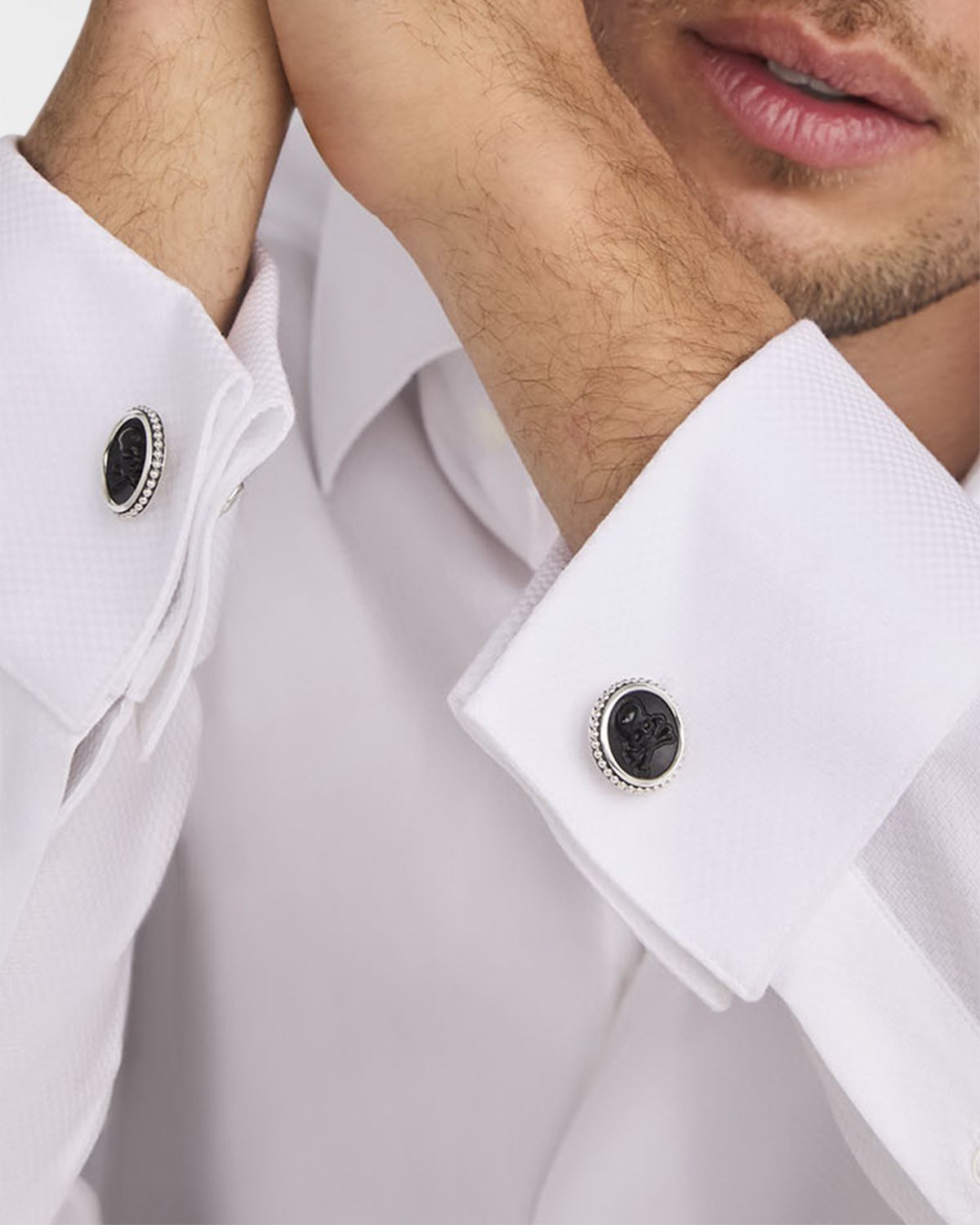 LAGOS Men 's Sterling Silver Anthem Black Agate Skull Cufflinks, 20mm